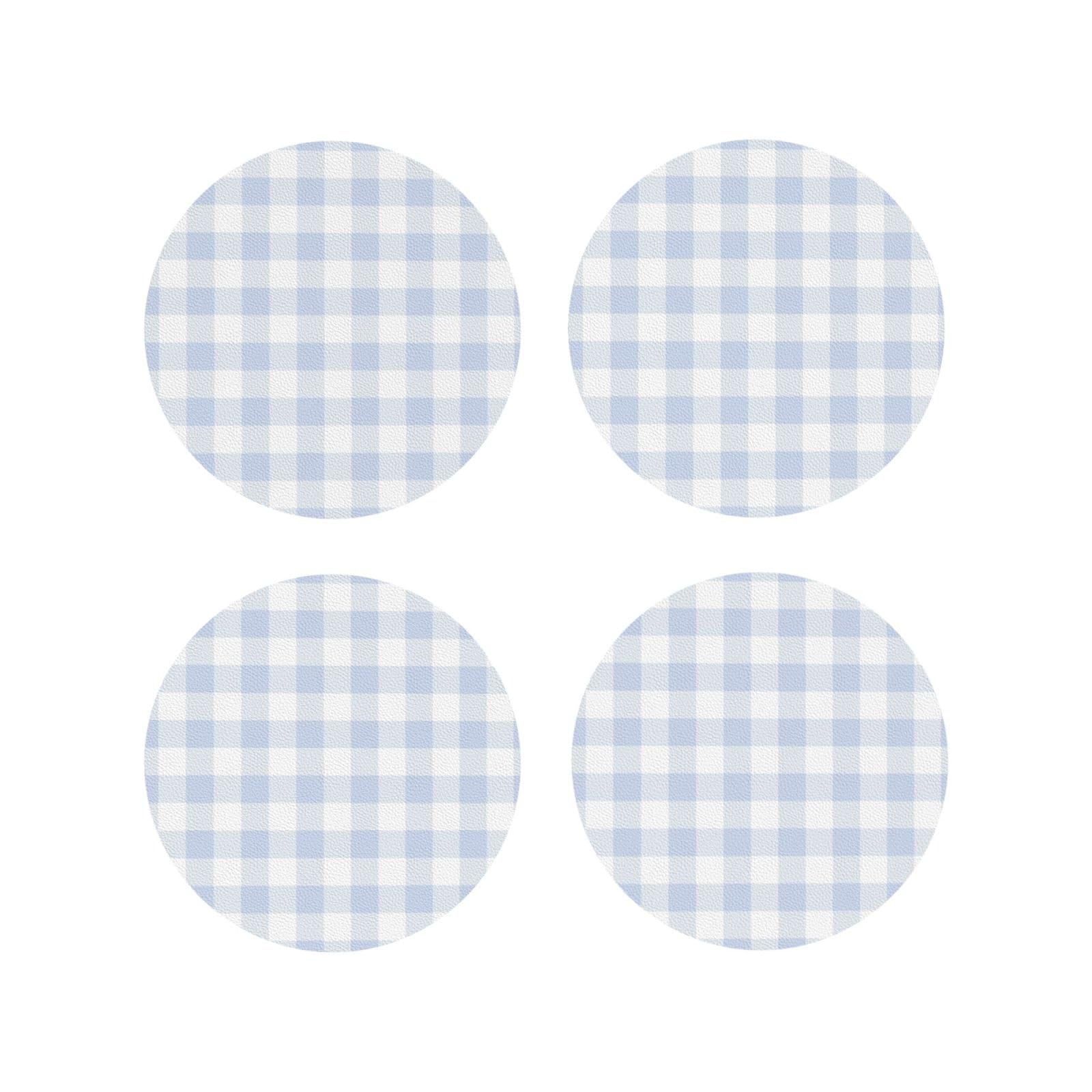 Leather Coasters Set of 4 - Blue Checkboard Print Lightweight Drink Coasters for Desk