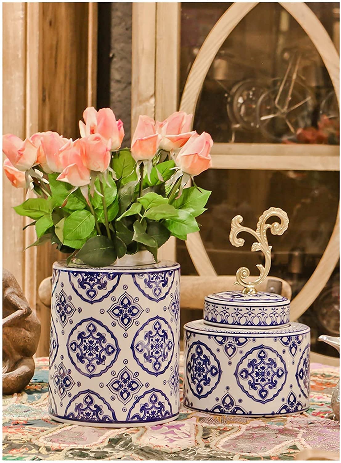 マグノリア模様の蓋付き花瓶 壺 高さ365cm | インテリアデコレーション