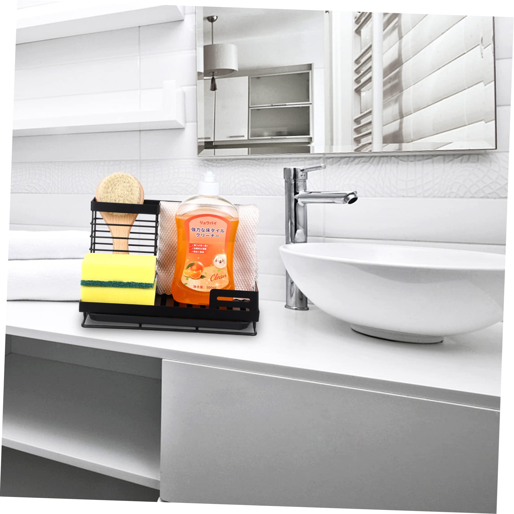 ULTECHNOVO Porta Spugne Cucina Design a Strati Anteriore e Posteriore in Acciaio al Carbonio 2 Pezzi Nero e Vassoio per Scolatura per Ambienti Casa e Banconi