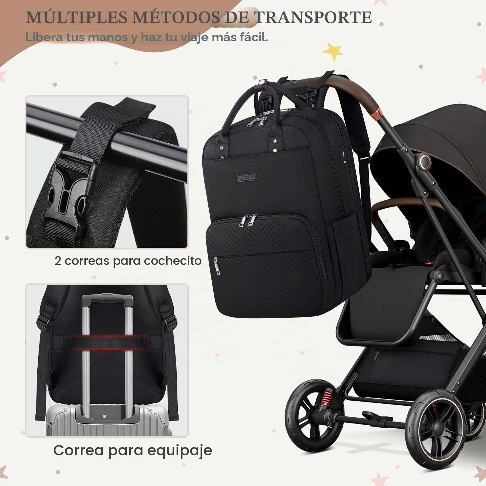 RAINSMORE Mochila Bebe Multifuncional Mochila Carro Bebe Pañaleras para Bebes con Cambiador Portátil y Correas para el Cochecito Grande Mochila Maternidad Negro