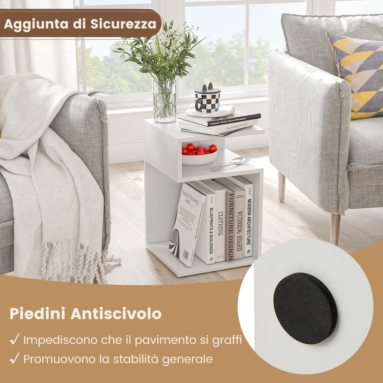 COSTWAY Tavolino Laterale da Salotto a Forma di S per Piccoli Spazi, Tavolino per Divano con 2 Scomparti Aperti, Comodino Moderno per Soggiorno, Camera da Letto e Studio, Bianco (1,Bianco)