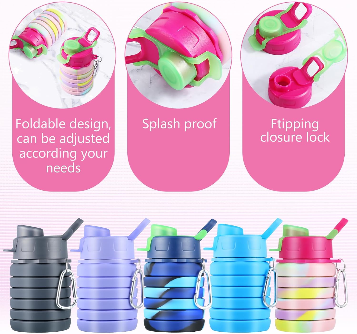 5 Pcs Collapsibles Water Bottles, 16 oz Portable Foldable Water Bottle with Metal Clip Silicone Leakproof Travel Waters Bottle Reusable Sports Waters Bottles for Travel Camping Hiking Cycling