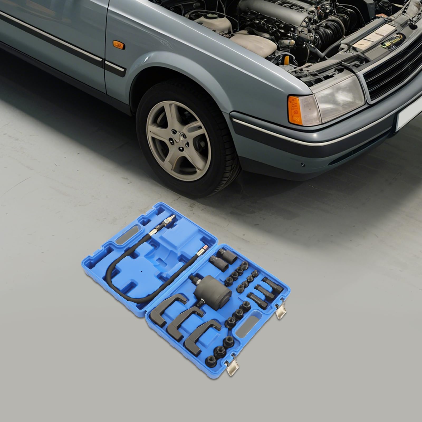 Estrattore iniettore, iniettore pneumatico diesel, set completo con 19 adattatori, 3 ganci estraibili e martello pneumatico, per Bosch/Delphi/Denso/Siemens (blu/nero)