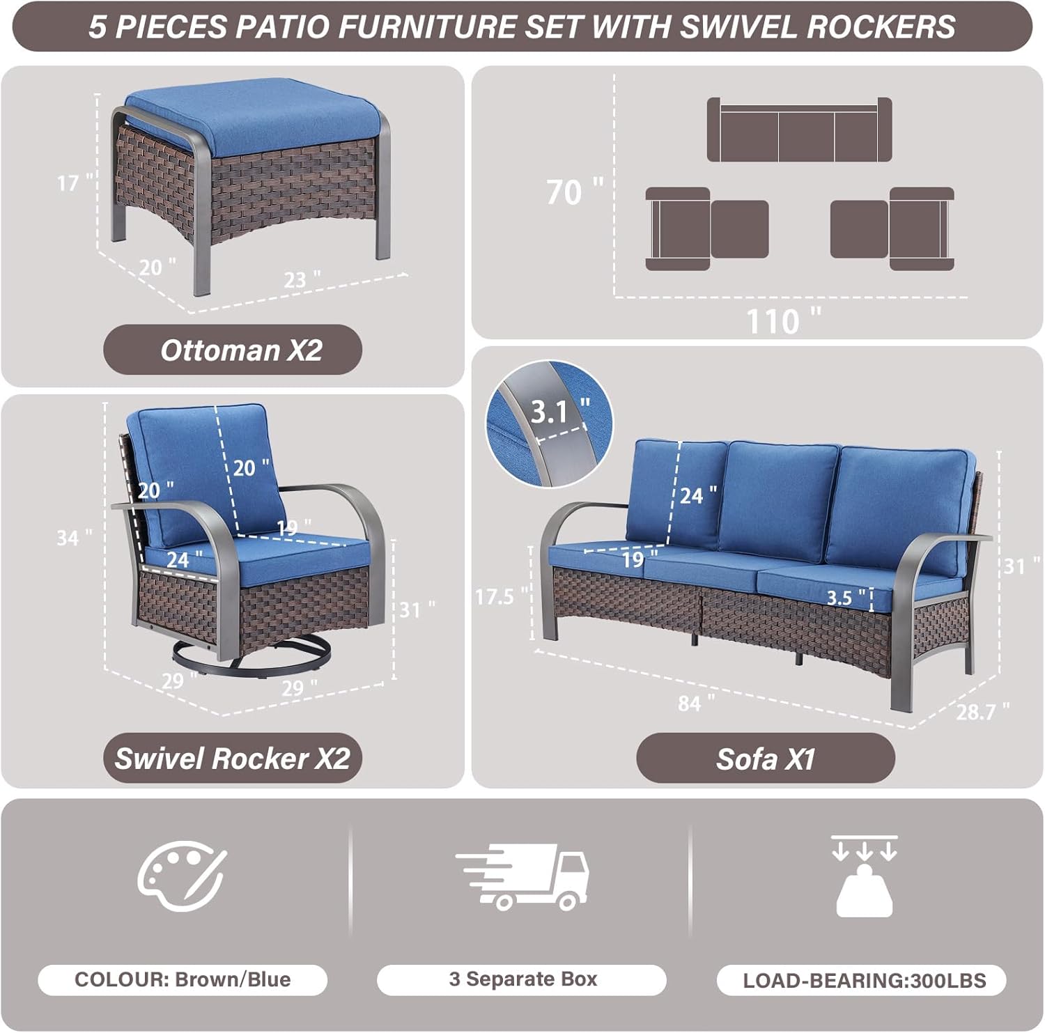 Belord 5-Piece Outdoor Patio Furniture Set All-Weather Wicker Couch with Swivel Rocker Outdoor Chairs and Multi-Functional Ottomans, Patio Conversation Set for Backyard Garden Balcony