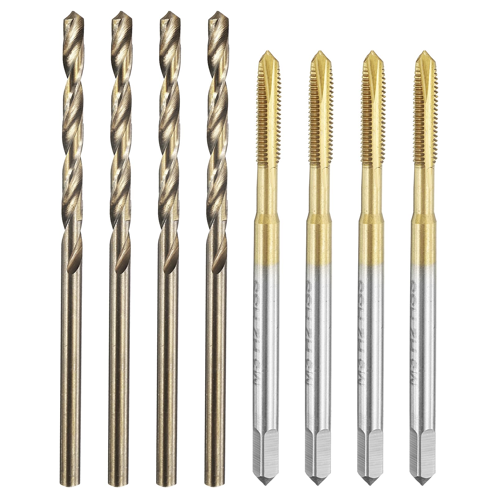 Juego de machos y brocas, 4 machos de roscar espirales métricos M3 x 0,5 y 4 brocas helicoidales de 2,5 mm, recubiertos de titanio/amarillo tostado HSS-6542/M35 HSS-CO, herramienta de roscado.