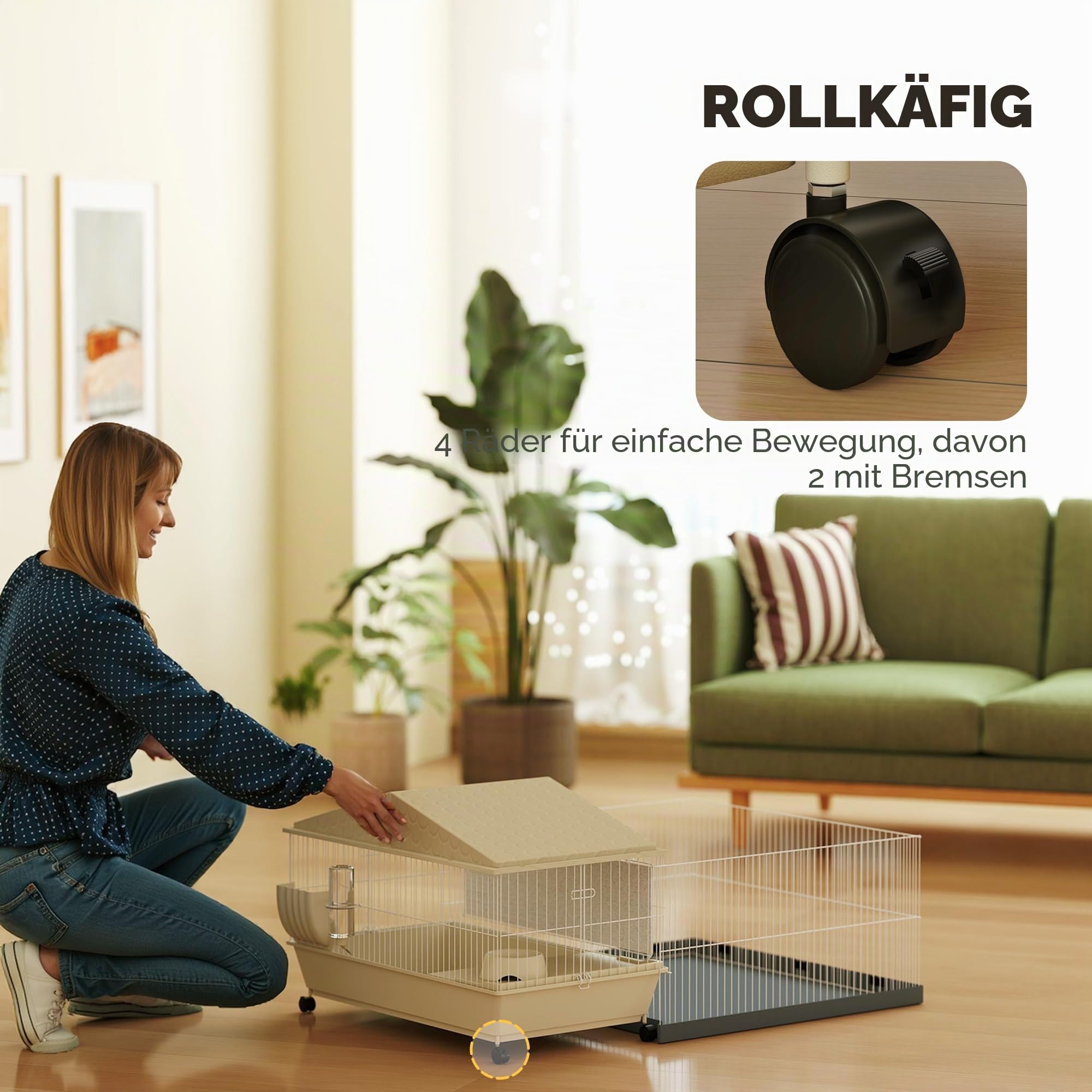 PawHut Meerschweinchenkäfig, Kleintierkäfig mit herausnehmbarem Laufstall wasserfeste Matte, Balkon, Futternapf, Rampe mit weicher Abdeckung, 4 Räder, für Meerschweinchen, Igel beige