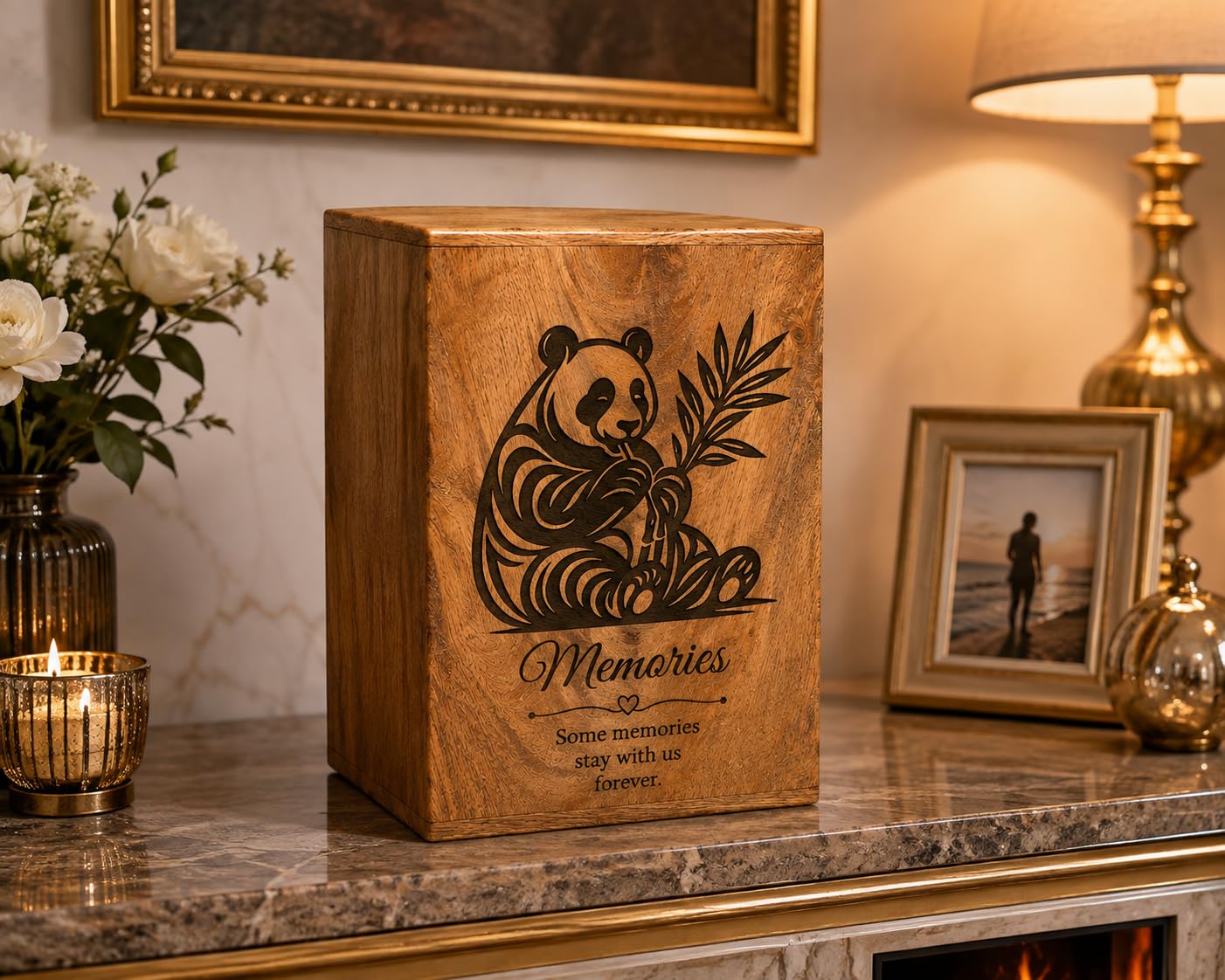 Urna funebre in legno per ceneri umane, realizzata a mano, con design con panda, in legno massiccio, per ceneri di adulti, scatola dei ricordi per la casa