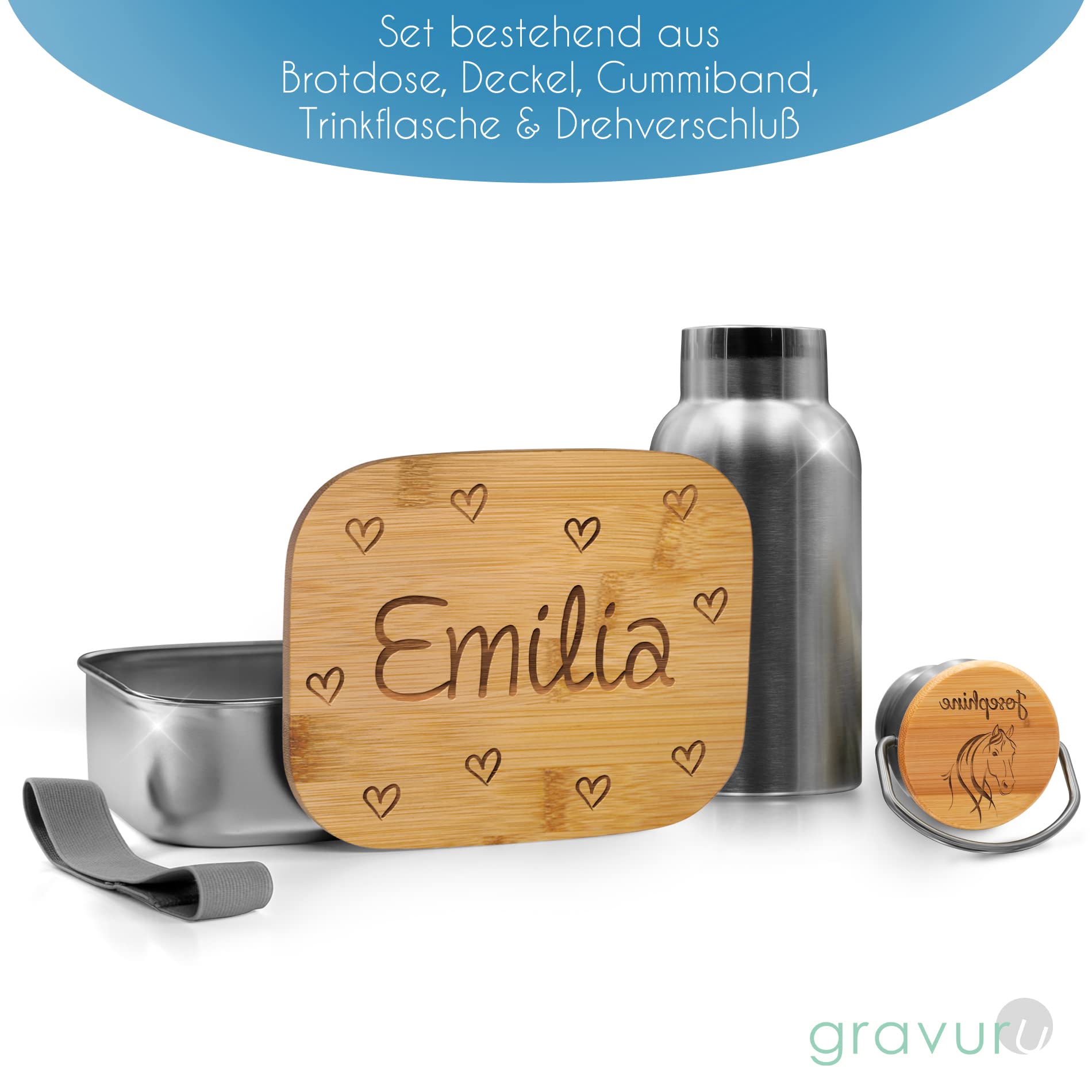 CHRISCK design Personalisierte Brotdose und Trinkflasche Set Kinder - mit Namen & Motiven personalisiert – nachhaltige Brotbüchse & Flasche aus Edelstahl mit Holzdeckel – für Kindergarten Kita Schule