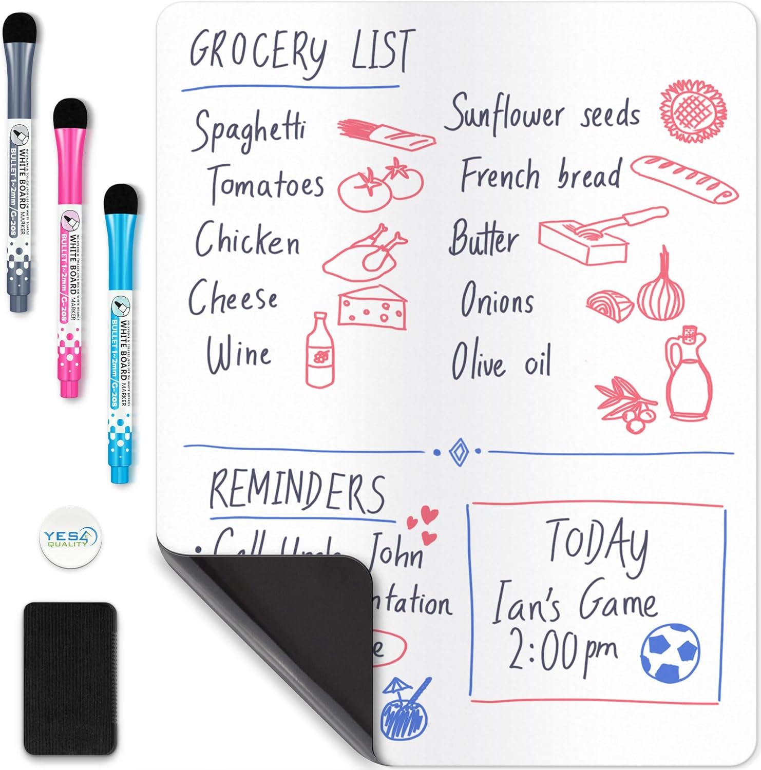 Magnetic Dry Erase White Board Sheet for Fridge 17x11 in - with Stain Resistant Technology - Includes 3 Markers and Big Eraser with Magnets - Small Refrigerator Whiteboard Planner & Organizer