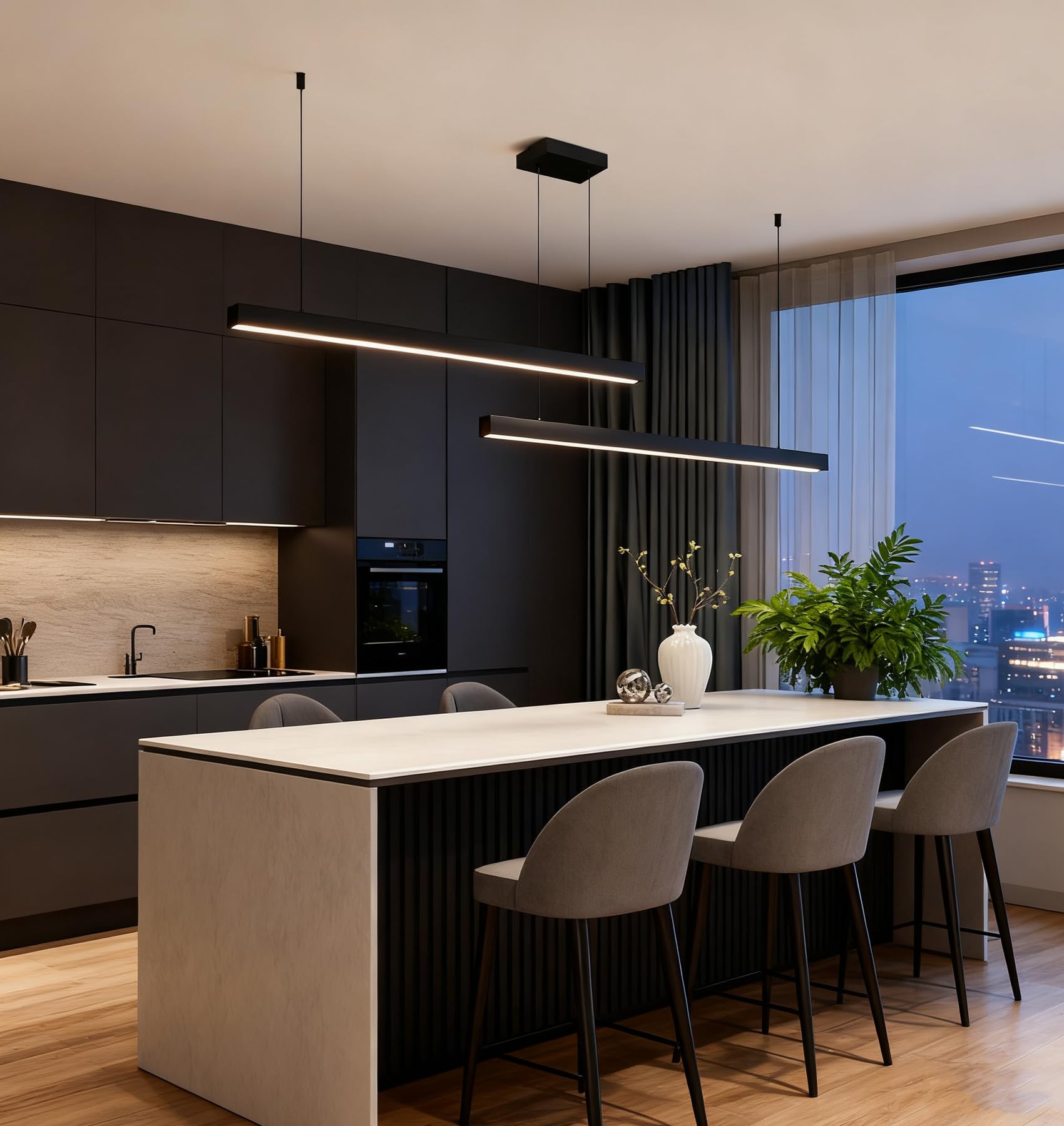 300cm Dimmbare LED Hängelampe esstisch,Schwarz Pendelleuchte mit Fernbedienung,120w Moderne Linear design Hängeleuchte,Esstischlampe hängend Höhenverstellbar Pendellampe,Esszimmerlampe,Bürolampe