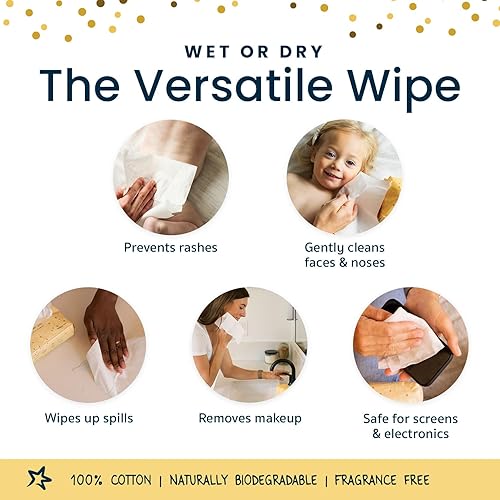 Miniatura 8 de Tiny Twinkle Toallitas secas 100% algodón para bebé, 480 unidades, uso húmedo o seco, sin olor (libre de fragancia), hipoalergénicas y sin productos