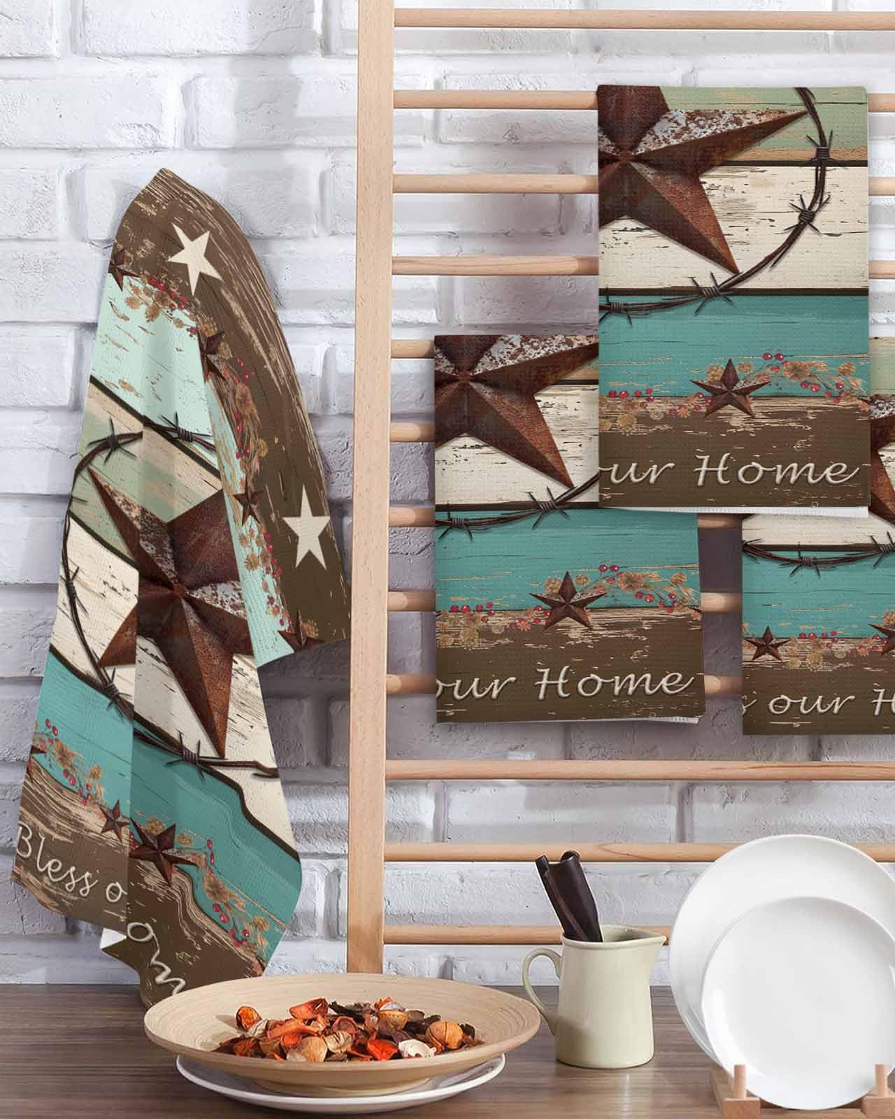 West Texas Star Rustic Hand Towels Set,Waffle Weave Kitchen Towels 2 Pieces,Farmhouse Teal Green Wood Plank Microfiber Hair Face Bath Tea Towel Absorbent Quick Drying Cleaning Dish Cloths,15.7