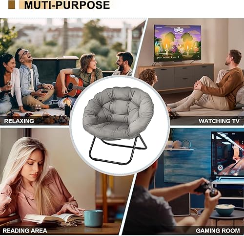 Vista 5 de Silla plegable con platillo, silla Lazy Moon con marco de metal, cómodas sillas de dormitorio para dormitorio, sala de estar, estudio, gris JC