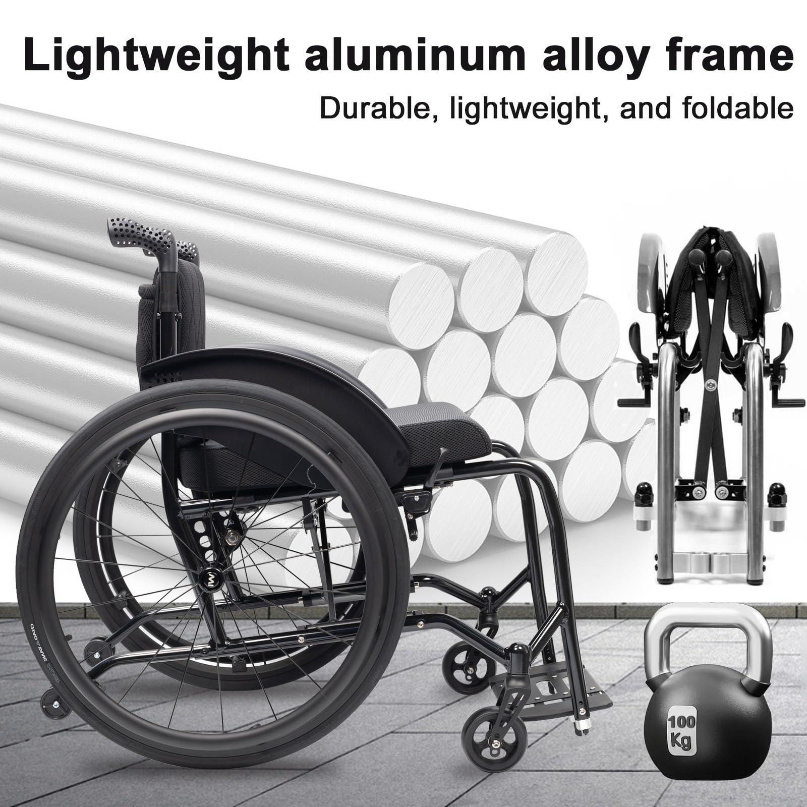 Lekki, składany sportowy wózek inwalidzki dla dorosłych, wykonany z aluminium, z wygodnym, wyściełanym oparciem, odpowiedni dla osób o wzroście 170-190 cm (A, szerokość siedziska: 44 cm)