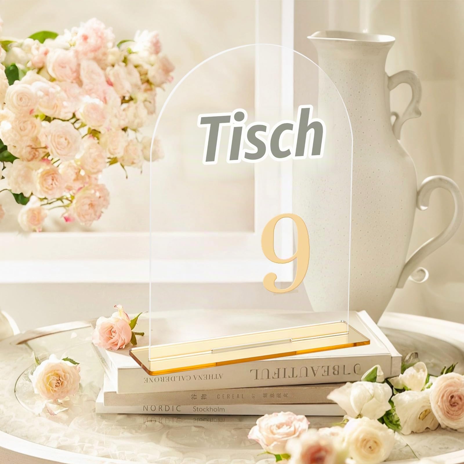 20er Set Hochzeit Tischnummern Acrylschilder, Transparentes Bogen Tischnummernschild mit Standfuß,1-20 Goldene Zahlen Tischnummern für Hochzeiten, Jubiläen, Partys