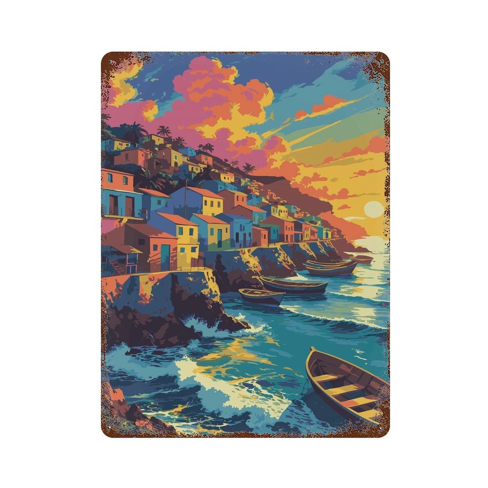 Weathered Tin Sign with Colorful Coastal Village at Sunset Design 15.7"x11.8", for Basement, Hobby Room And Garage Decor, Industrial Home Decor
