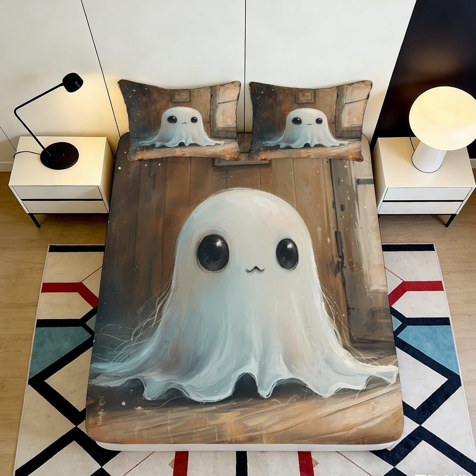 3D Printed Cute Ghost Fitted Sheet Microfiber Soft Breathable Cartoon Haunted House Bed Cover for Bedroom Dorm Mattress Decor 90x200x25cm