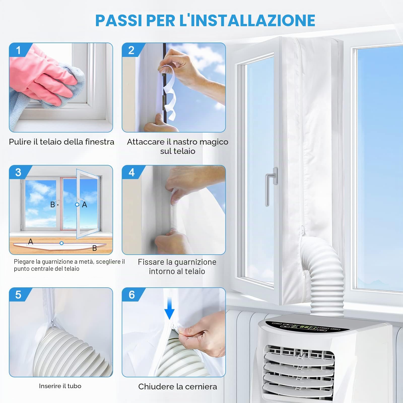 EGNBU 400CM Guarnizione Finestra per Climatizzatore, Kit Finestra Condizionatore Portatile d'aria e asciugatrice mobili, doppia cerniera, facile da montare, protezioni per ricambio d'aria