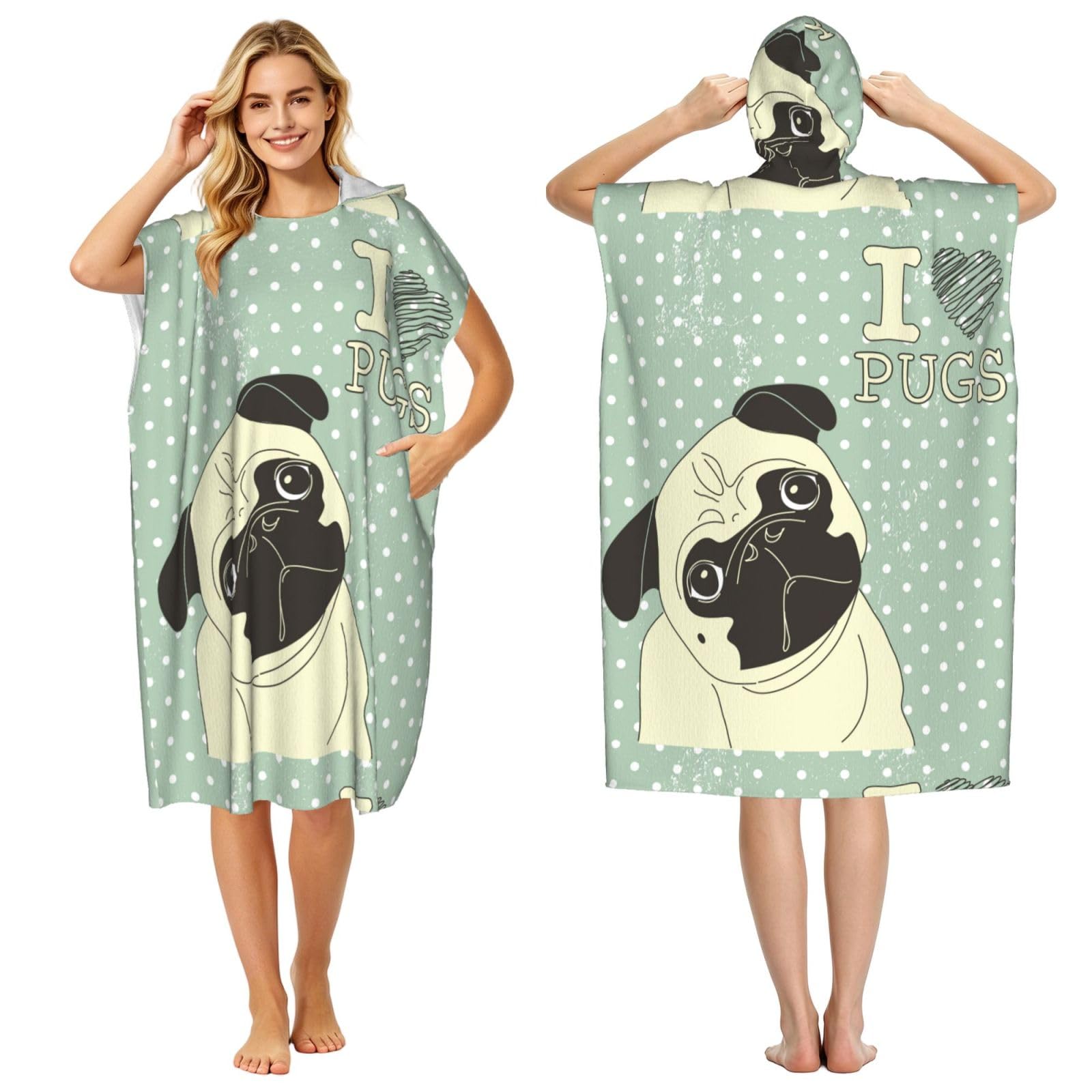Poadnly I Love Pugs, Adult Hooded Beach Towel 90 x 110 cm,Changing Bath Robe, Surf Poncho Towel For Women Men