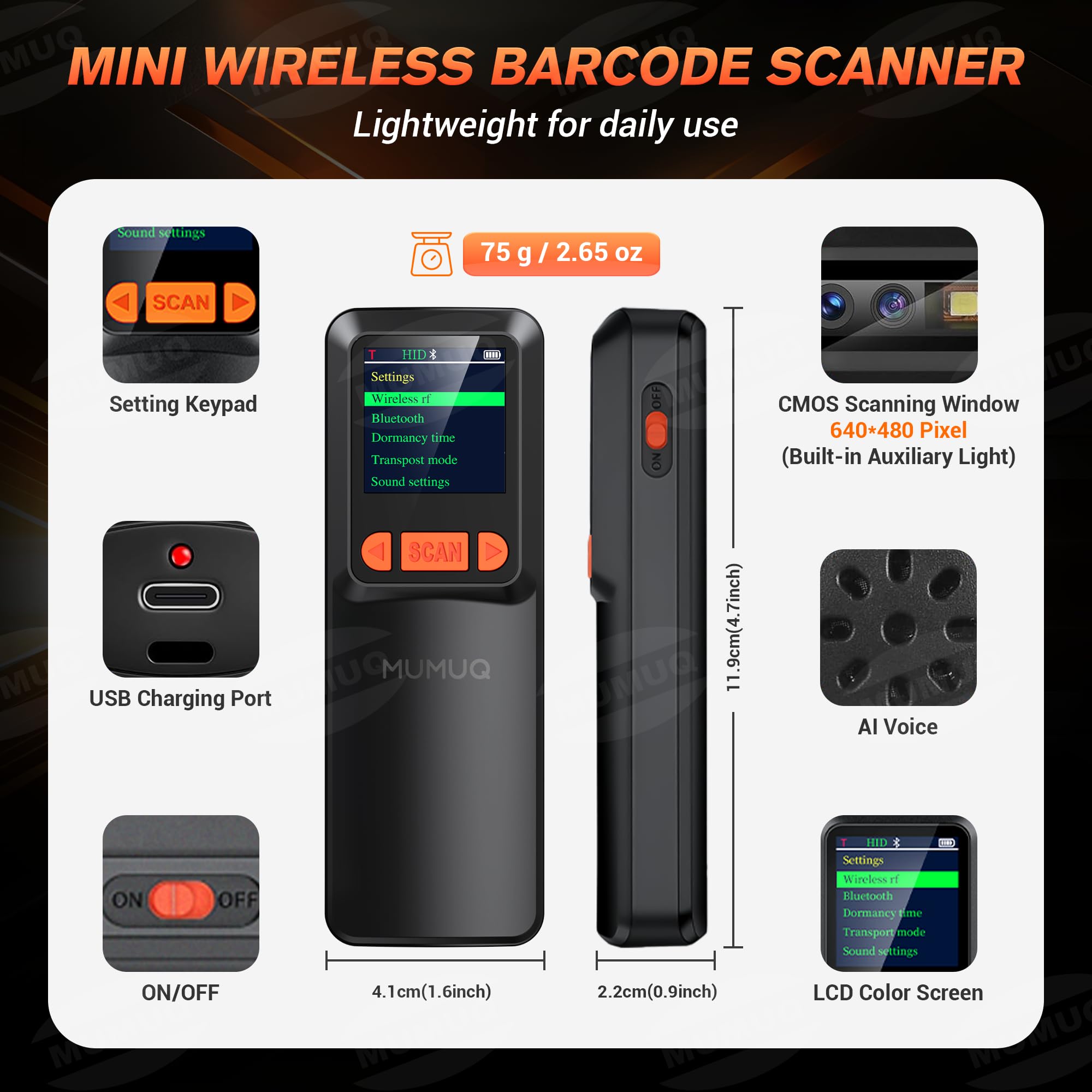 Kabelloser Barcode Scanner Mini mit LCD Display Bluetooth 1D 2D QR Code 3-in-1 Kompatibel Windows Android iOS