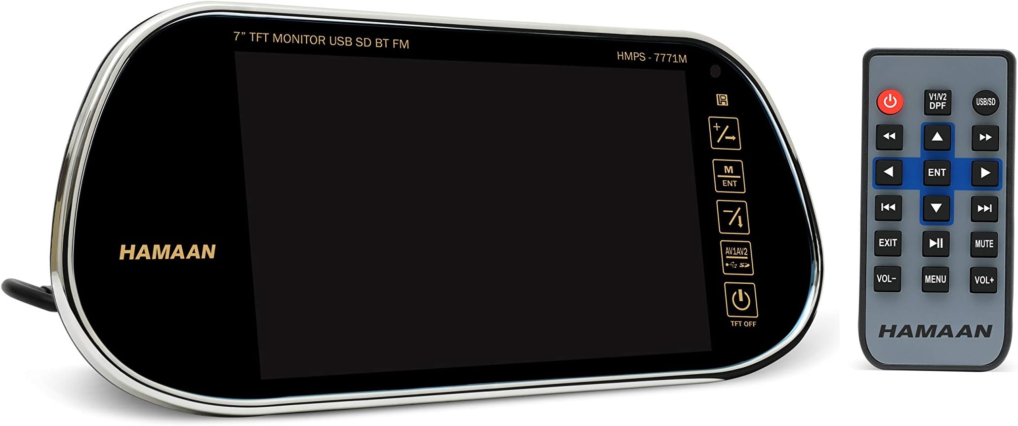 Hamaan HMPS-7771M 7” Touch Panel LED Rear View Monitor with FM, Bluetooth, USB, SD for All Cars + Wireless Remote