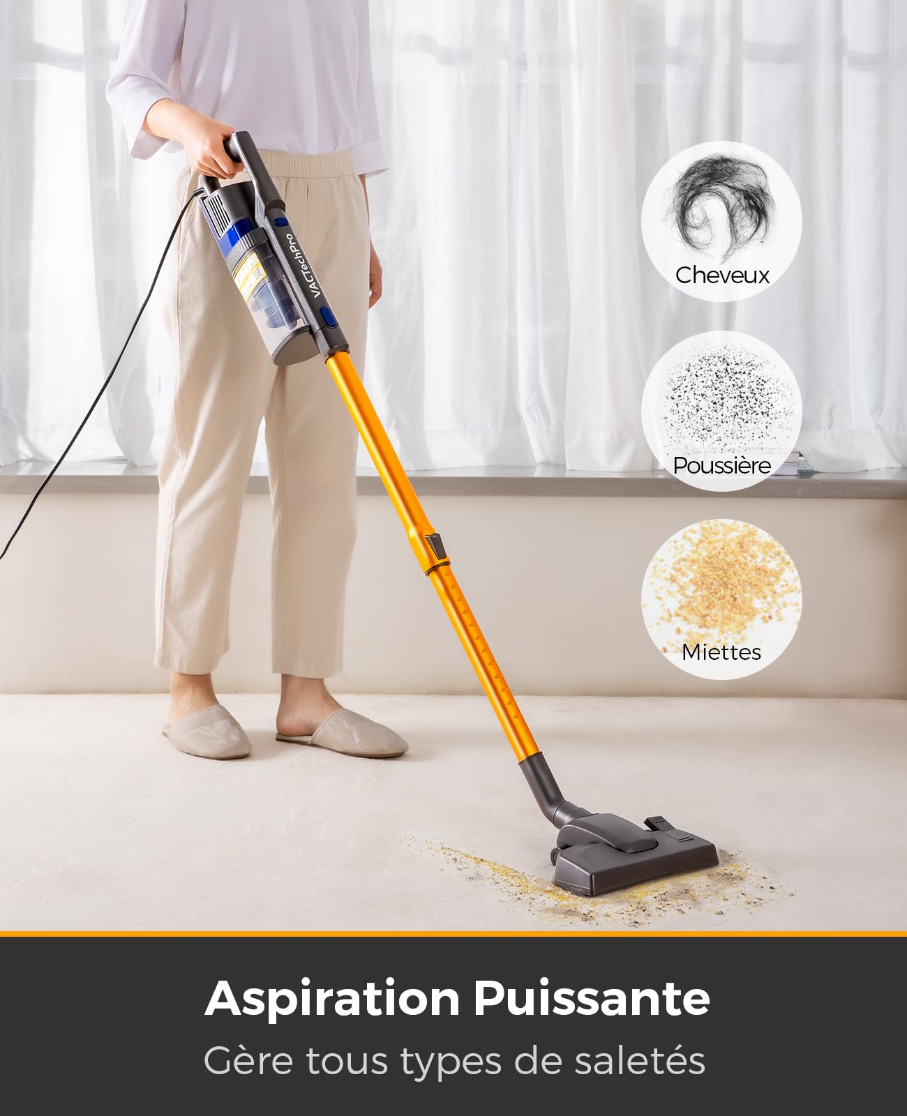 VACTechPro 60KPa/600W/7M Aspirateur, Aspirateur Balai avec Dépoussiéreur 800ML, Aspirateur Balai avec Fil avec Design à Double Poignée, Aspirateurs Balais et Balais Électriques pour Sols Durs, Orange