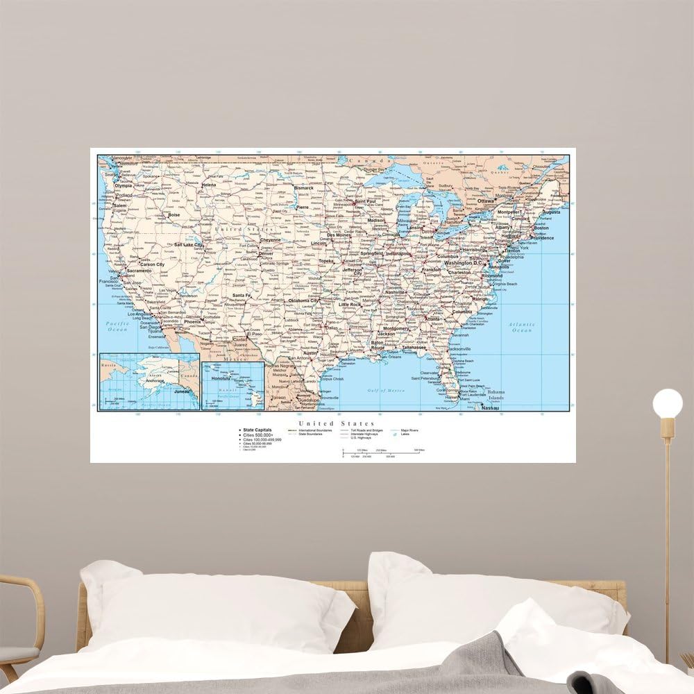 Wallmonkeys United States America Map Wall Mural Peel and Stick Graphic (48 in W x 31 in H) WM65802