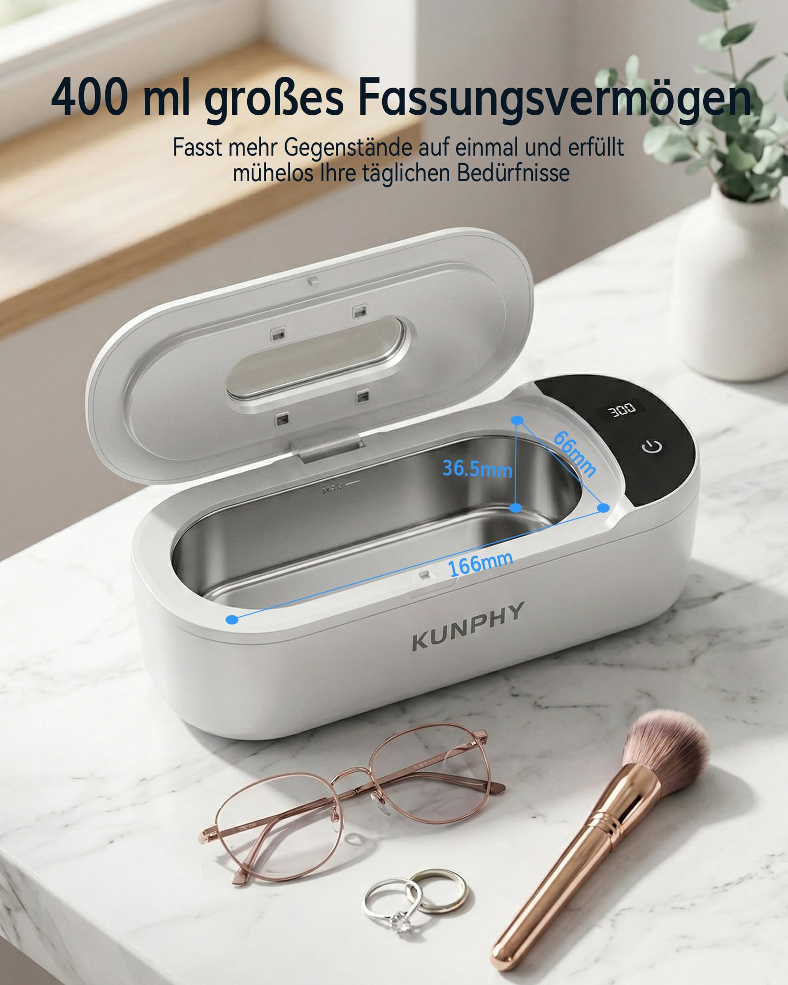 KUNPHY Ultraschallreinigungsgerät mit U-V – Brillenreinigungsgerät 400ml(20Oz) 48kHz, Ultrasonic Cleaner mit digitalem Dual-Modus-Display(5/10min), Ultraschallreiniger für Brille, Schmuck, Uhren