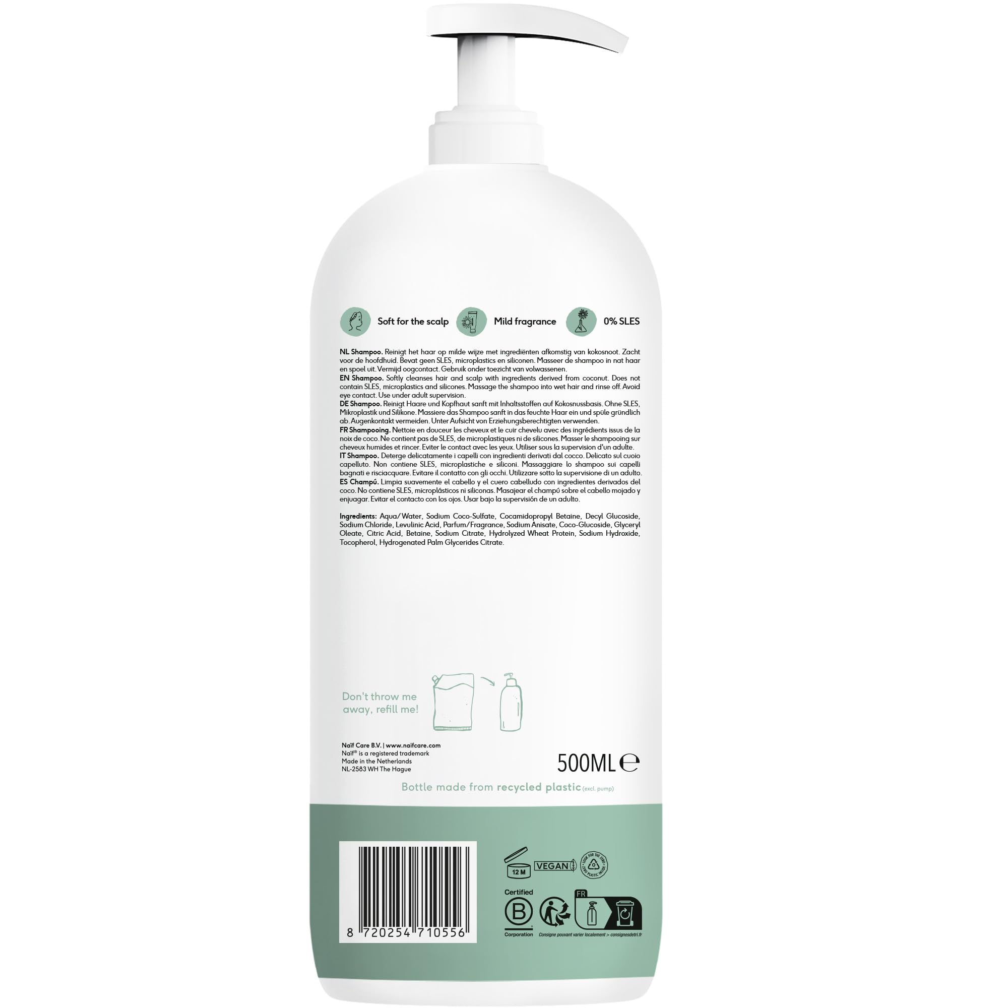 Naïf Shampoing Soin Bébé & Enfant – Aux ingrédients naturels, vegan, sans SLES, sans microplastiques, silicones et parabènes – 500 ml
