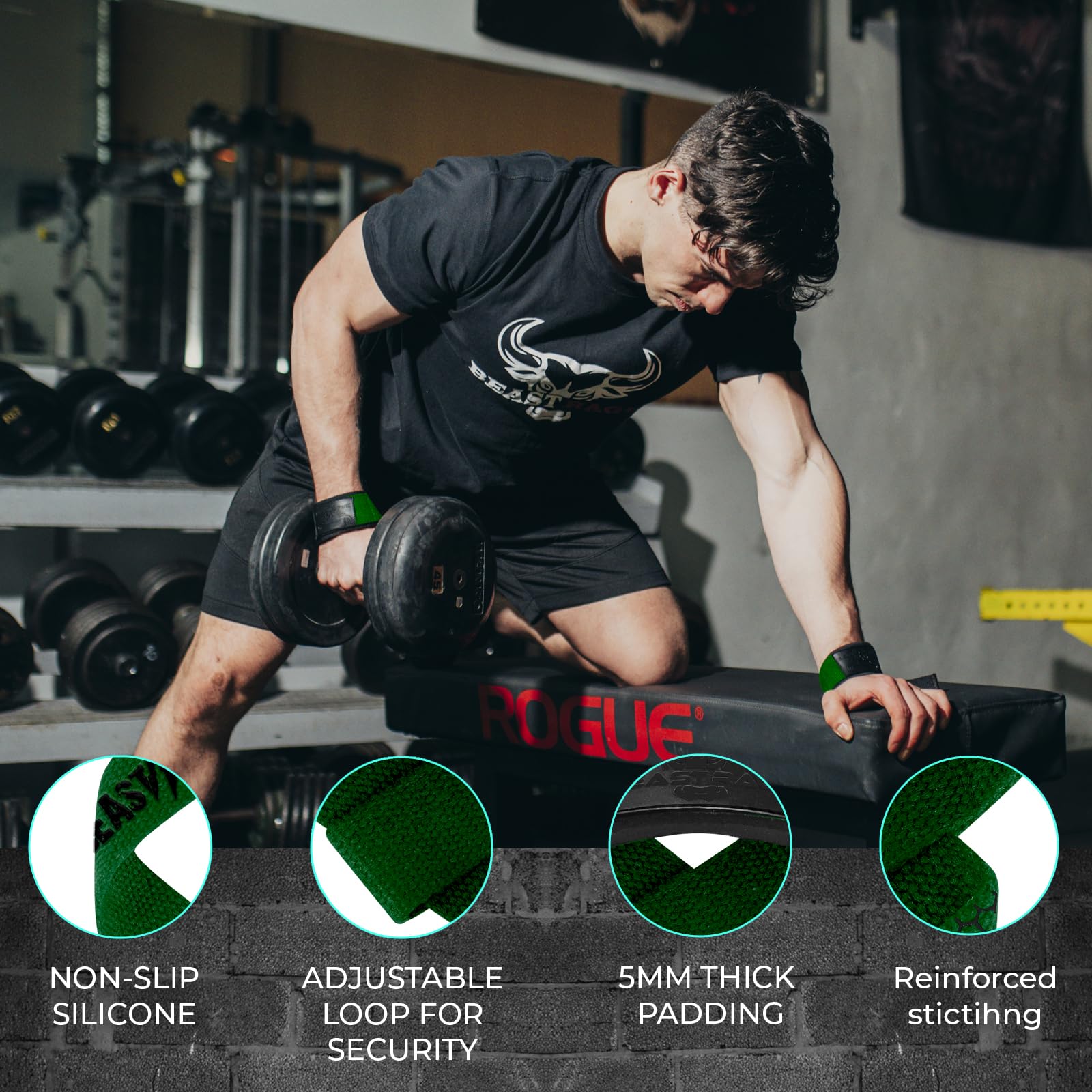 BEAST RAGE Straps Palestra Cinghie per Sollevamento Pesi Imbottite, Supporto per i Polsi, Cinghie per Fitness e Palestra, con Presa Flessibile Gel Fasce Polsi Accessori