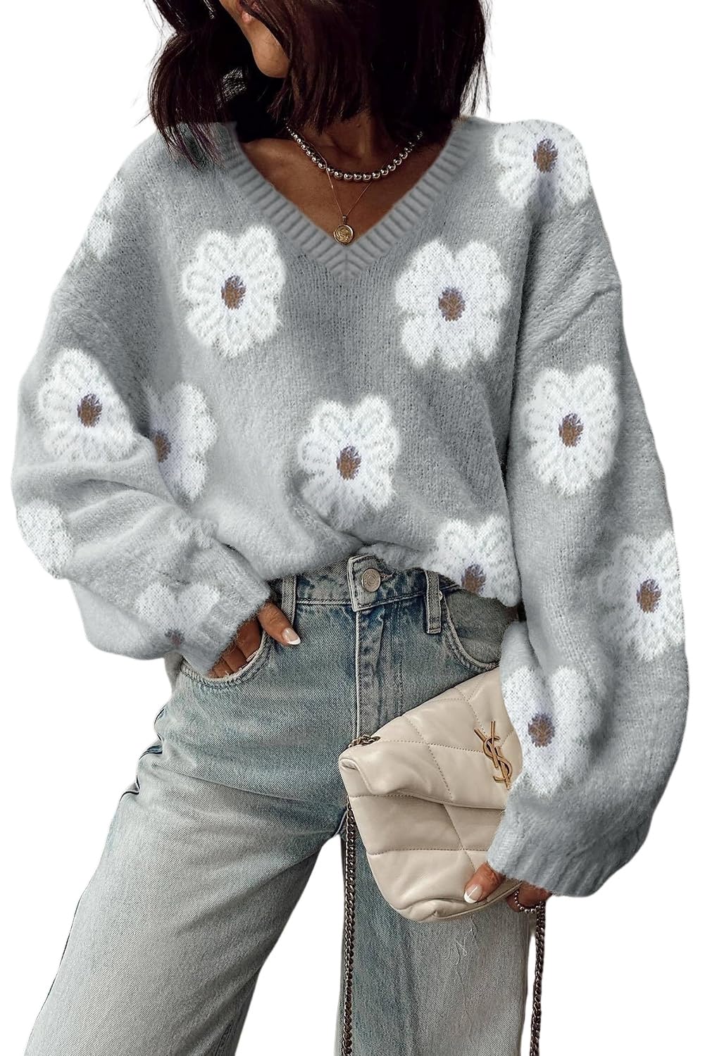 Ecosunny Womens Sweaters Casual V Neck Long Sleeve Cute Flower Print Drop Shoulder Baggy Lightweight Pullover Tops