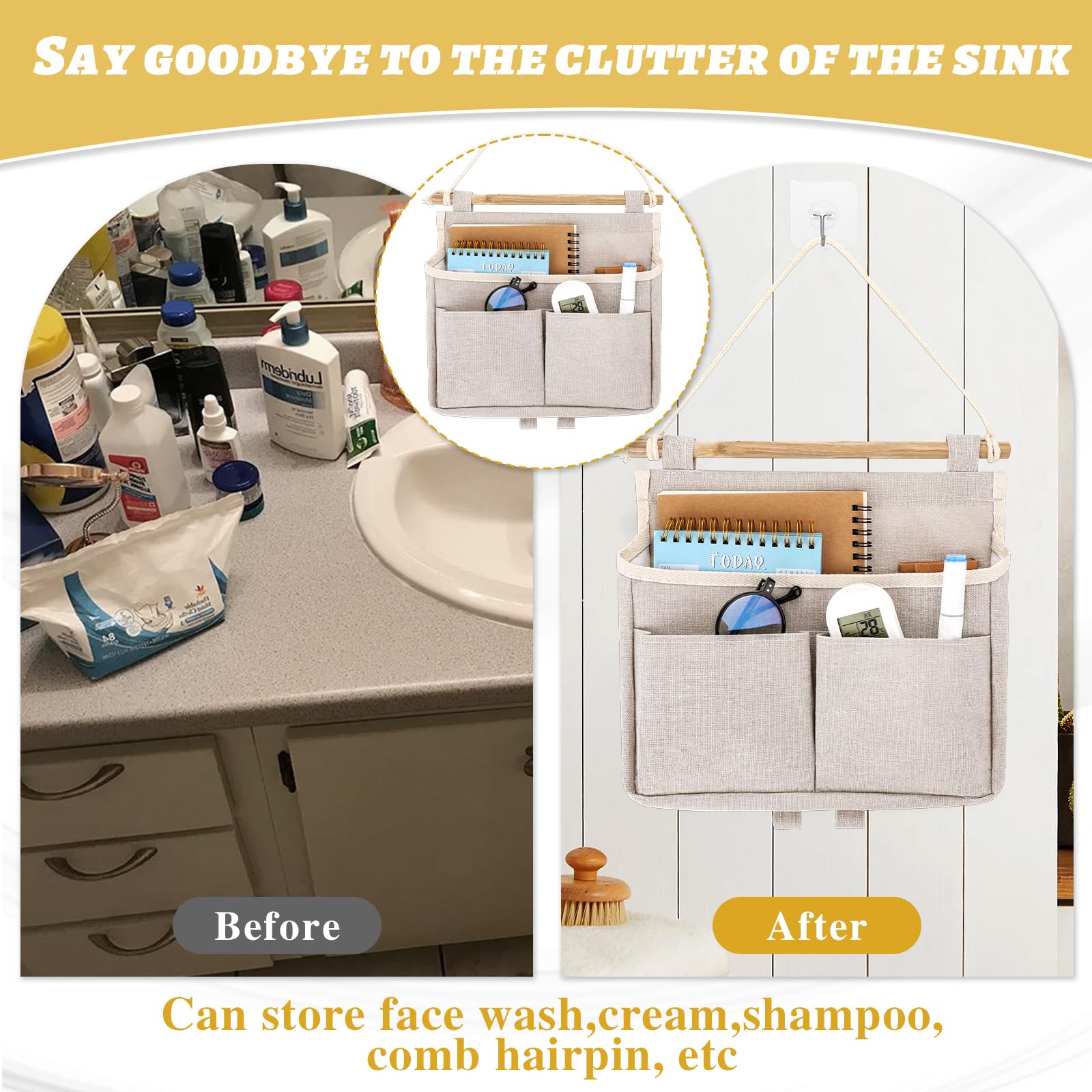 Jeffdad Hängeorganizer Hängetasche, 3 Fächer Wand Aufbewahrungstasche, Faltbares Wand Organizer Hängend Bad mit Klebriger Haken, 25 x 25 cm Hängekörbchen für Zuhause Diele Büro Schlafsaal Bad(Beige)