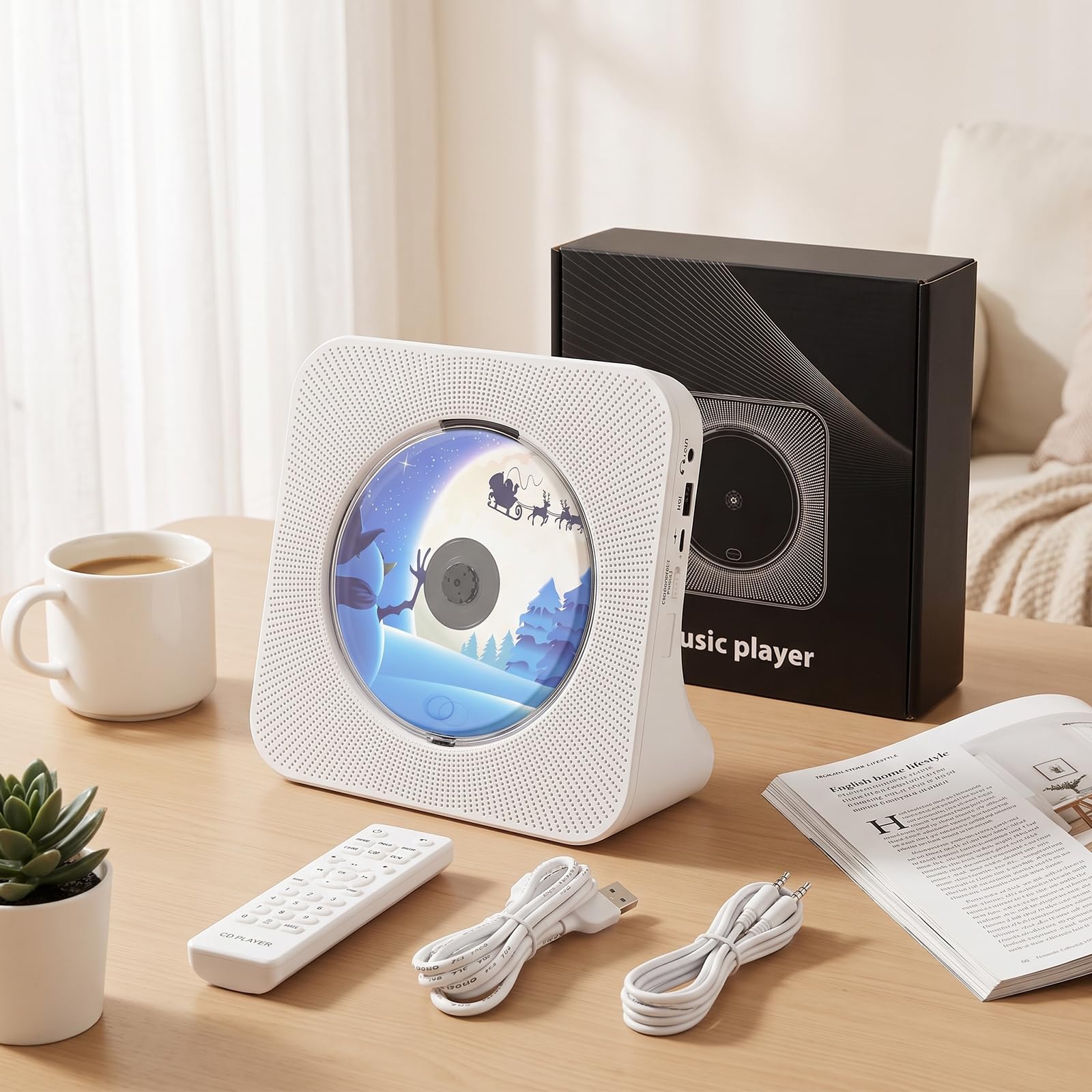 Lecteur CD Bluetooth 5.0 avec Haut-parleurs, Radio Blanc | Lecteur CD Enfant intégrés avec télécommande Cache-poussière Affichage Radio FM Minuteur Port casque USB AUX