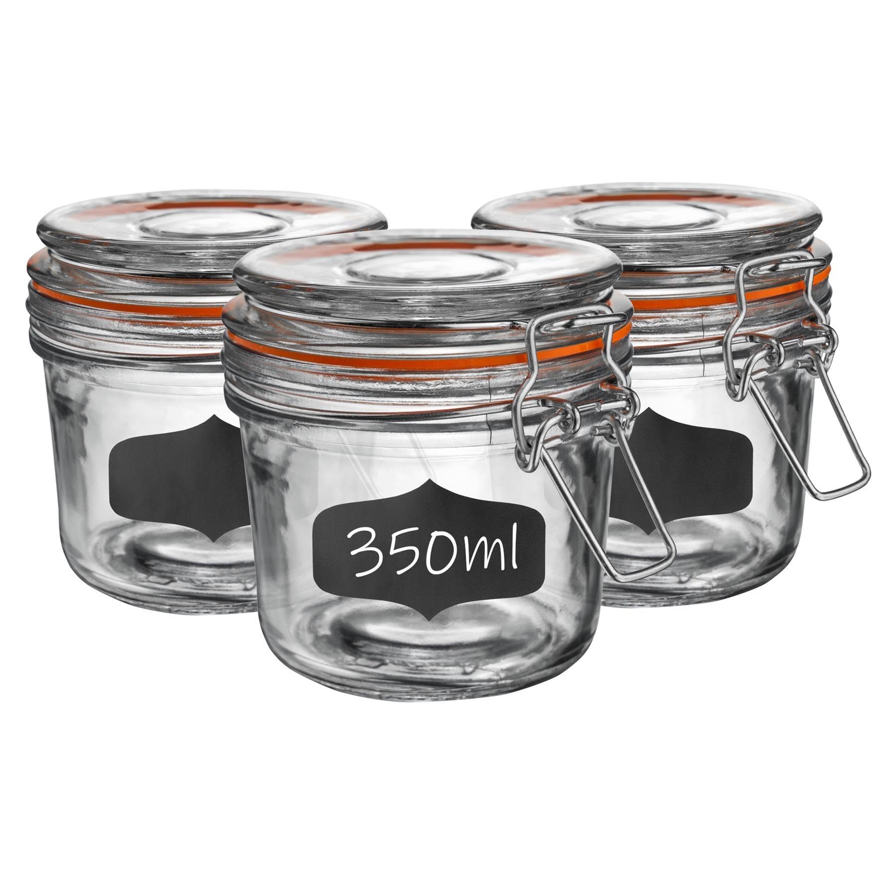 Argon Tableware Orange Glass Jars With Airtight Metal Clip Lid & Chalkboard Stickers - 350Ml/12.3Oz - 6 Pack - 4 Colour Seals - Kitchen Container Round Preserving Jar For Pickling, Chutney, Jam, Coffee