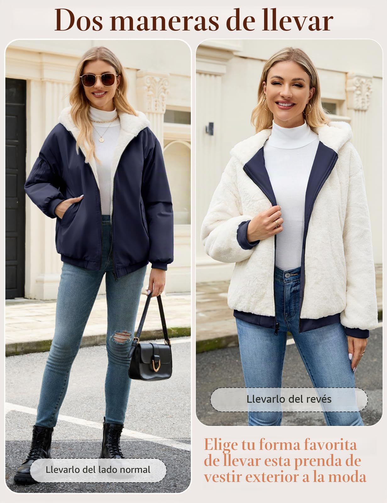 Vancavoo Chaqueta Reversible Mujer de Invierno con Capucha y Pelo Suave | Cazadora Corta con Cremallera, Puños de Canalé y Bolsillos en Ambos Lados para Uso Diario