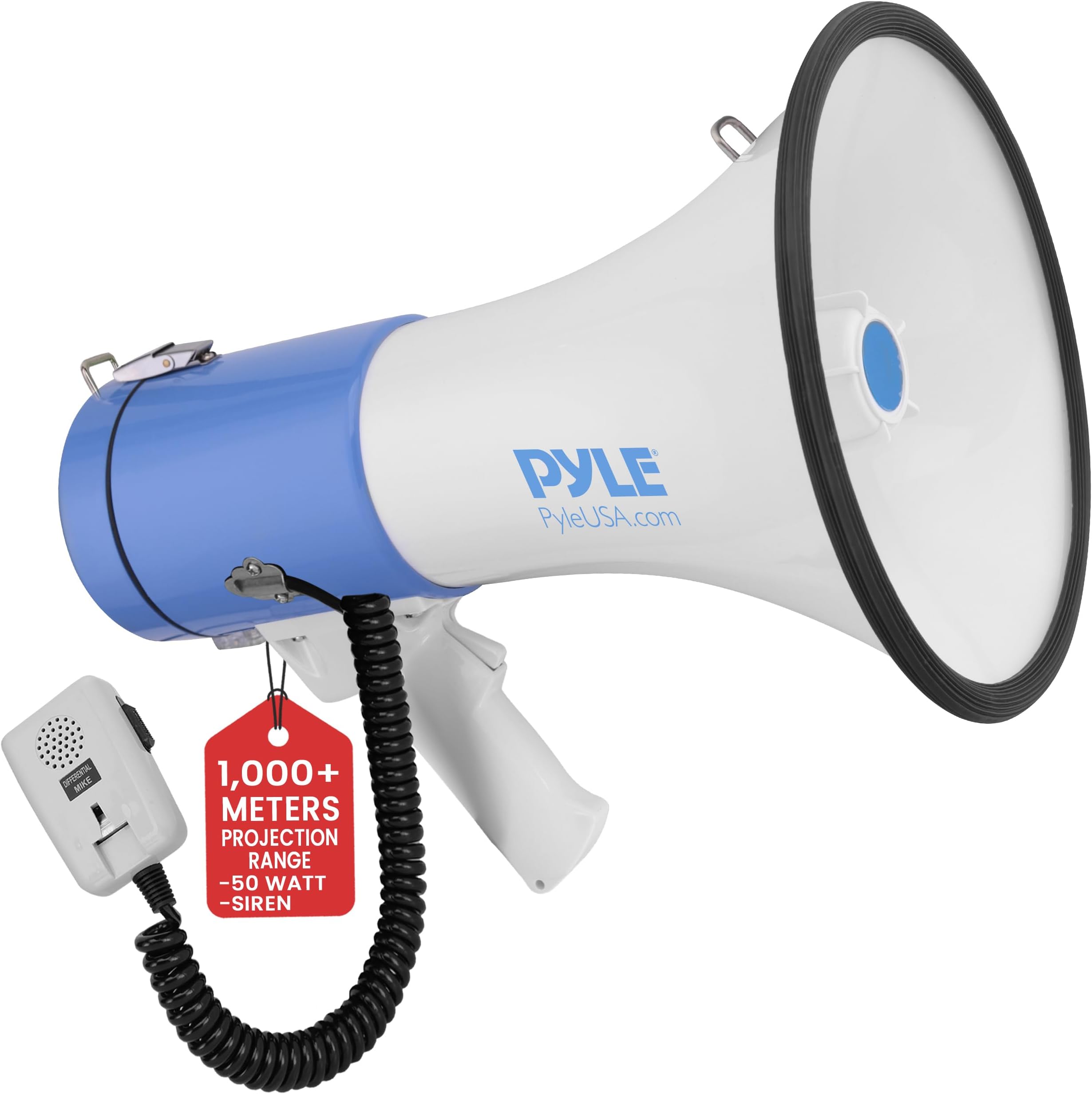50W Megaphone Speaker with Microphone, Loud Bullhorn Megaphones with Siren & Adjustable Volume, Loud Hailer Mega Phone, Indoor/Outdoor Use, Rechargeable, Perfect for Police, Football, Kids & More