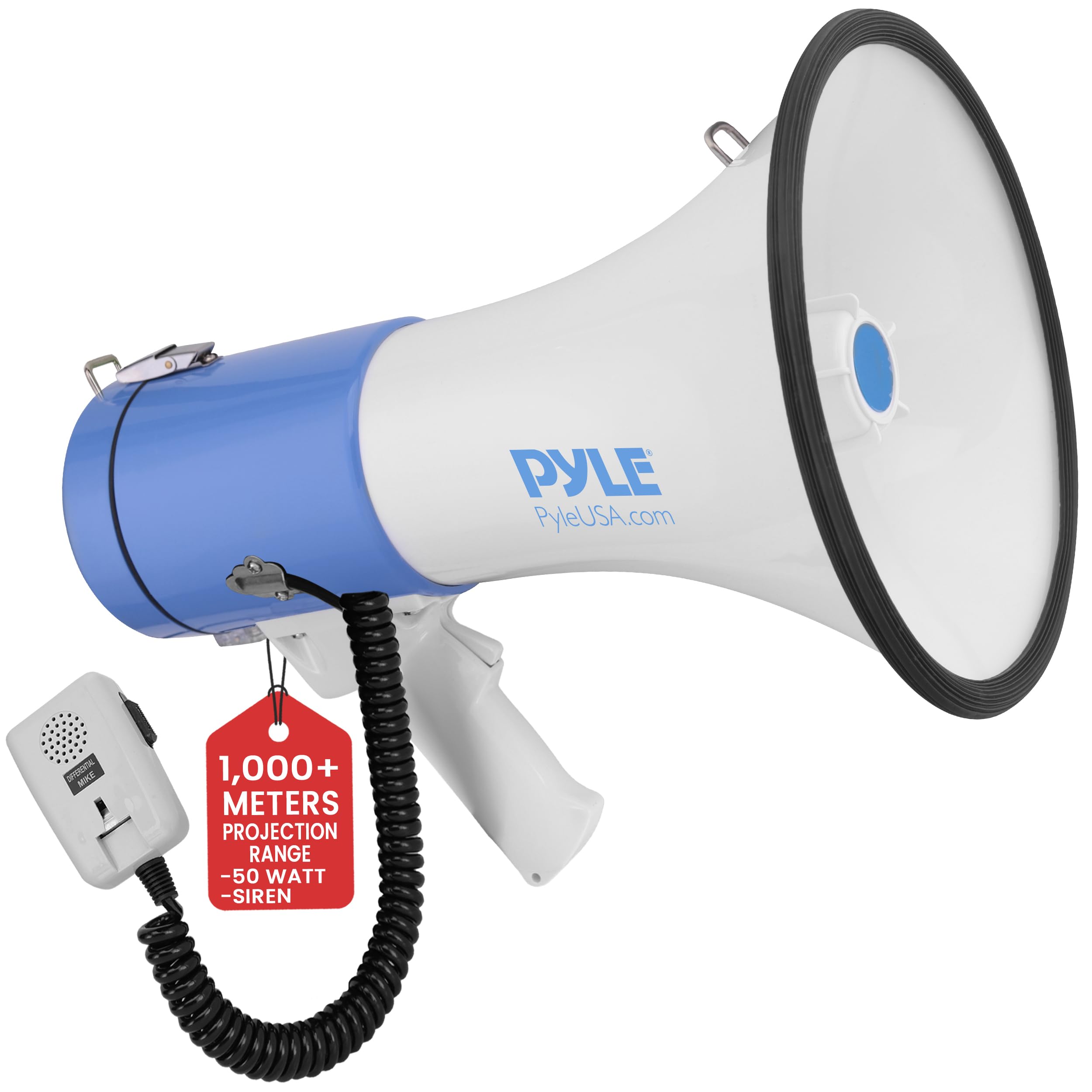 50W Megaphone Speaker with Microphone, Loud Bullhorn Megaphones with Siren & Adjustable Volume, Loud Hailer Mega Phone, Indoor/Outdoor Use, Rechargeable, Perfect for Police, Football, Kids & More