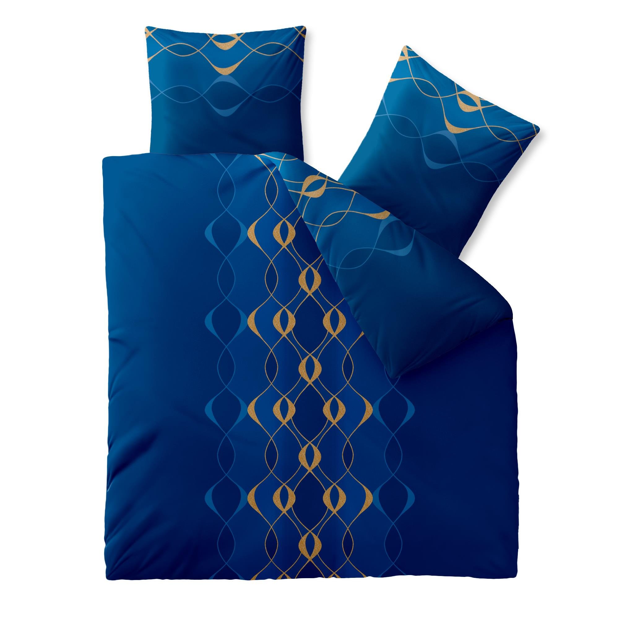 CelinaTex Fashion Bettwäsche 200x220 cm 3teilig Baumwolle, Bettgarnitur für Sommer und Winter, Ganzjährig, Bettbezug, Bettenset, Schöner Wohnen Leah Wellen Blau Gold