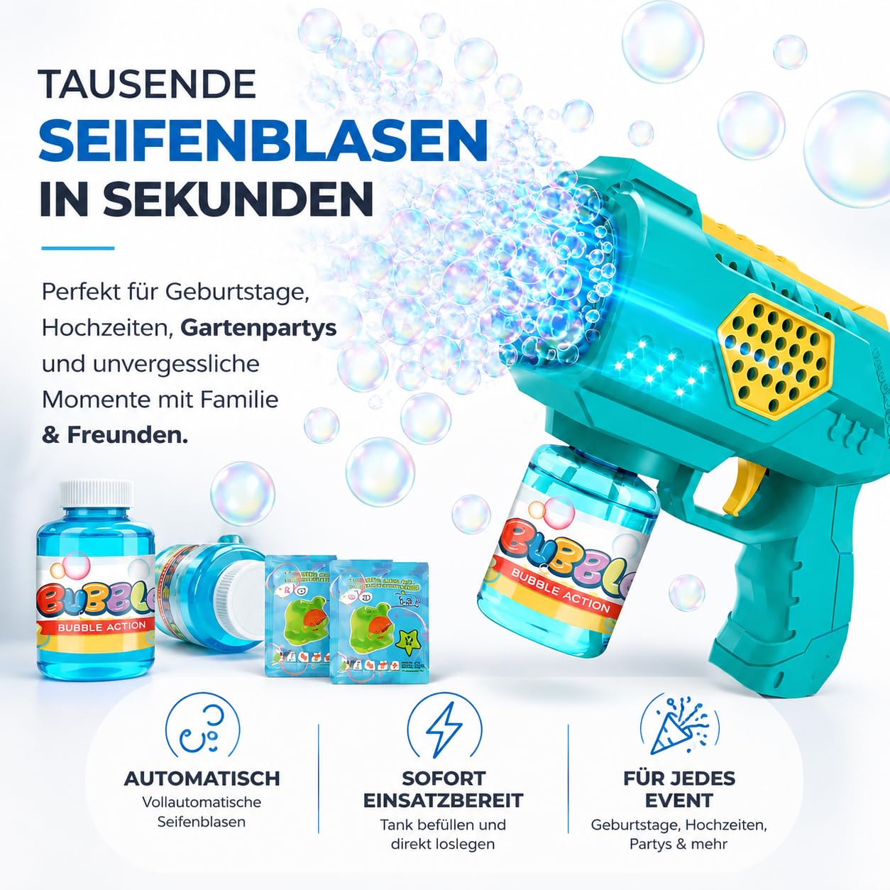 Pistola de burbujas para niños y adultos, para pompas de jabón automáticas y pistola, con depósito, máquina de burbujas de jabón para bodas y cumpleaños
