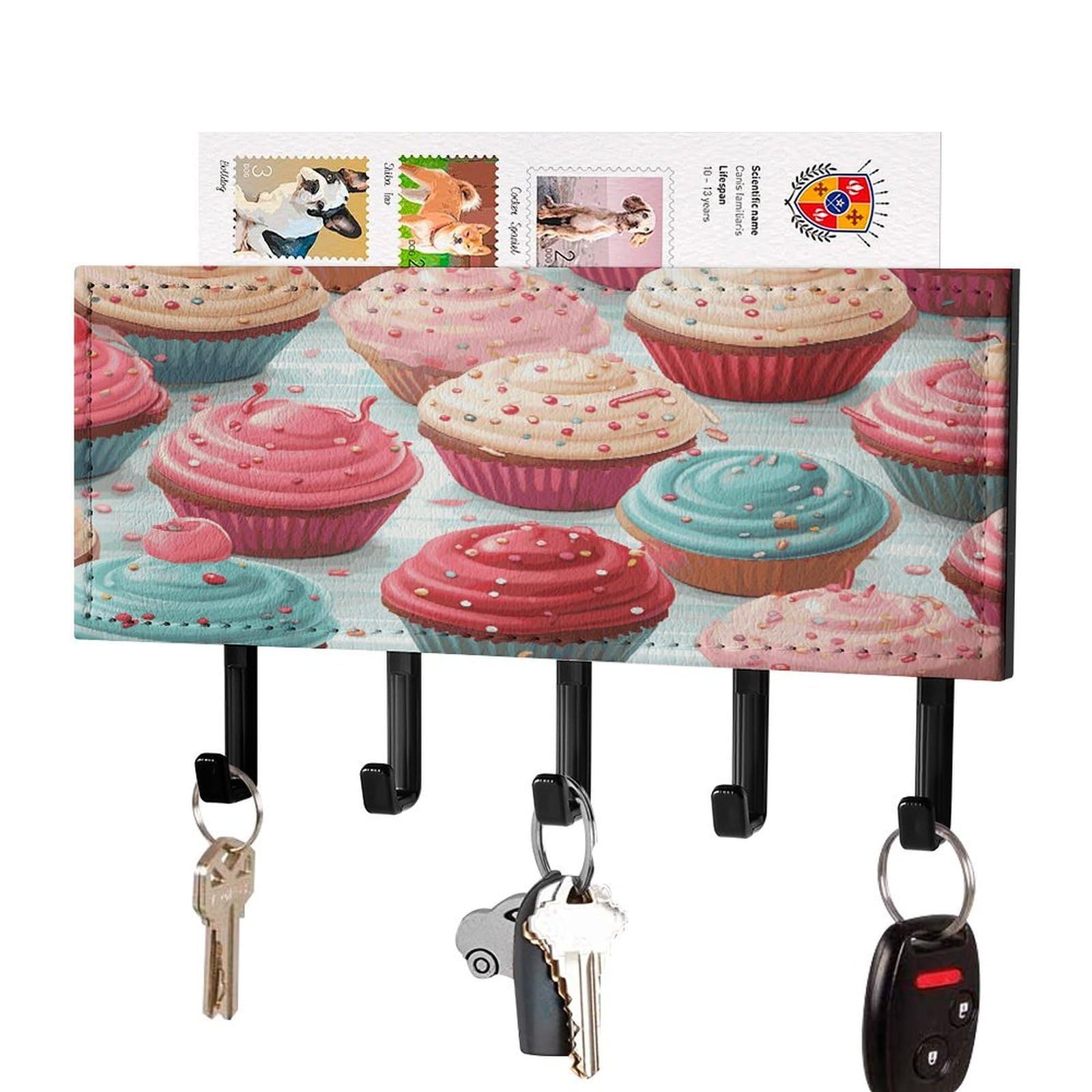 FekiLoot Colorful Sweet Lollipop Cupcake Donut Key Holder Wall Mount Key Hooks for Wall Decorative with 5 Hooks PU Mail Rack Organizer with Shelf for Entryway Mudroom Hallway Office 7.1X4.3 in
