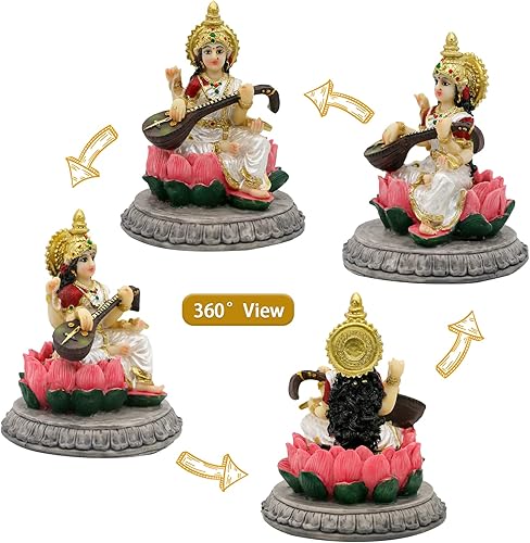 Miniatura 7 de alikiki Estatua de Sarawati de ídolo indio pequeña de la India, 3.9 pulgadas de alto, figura de diosa hindú Saraswati para decoración de tablero de