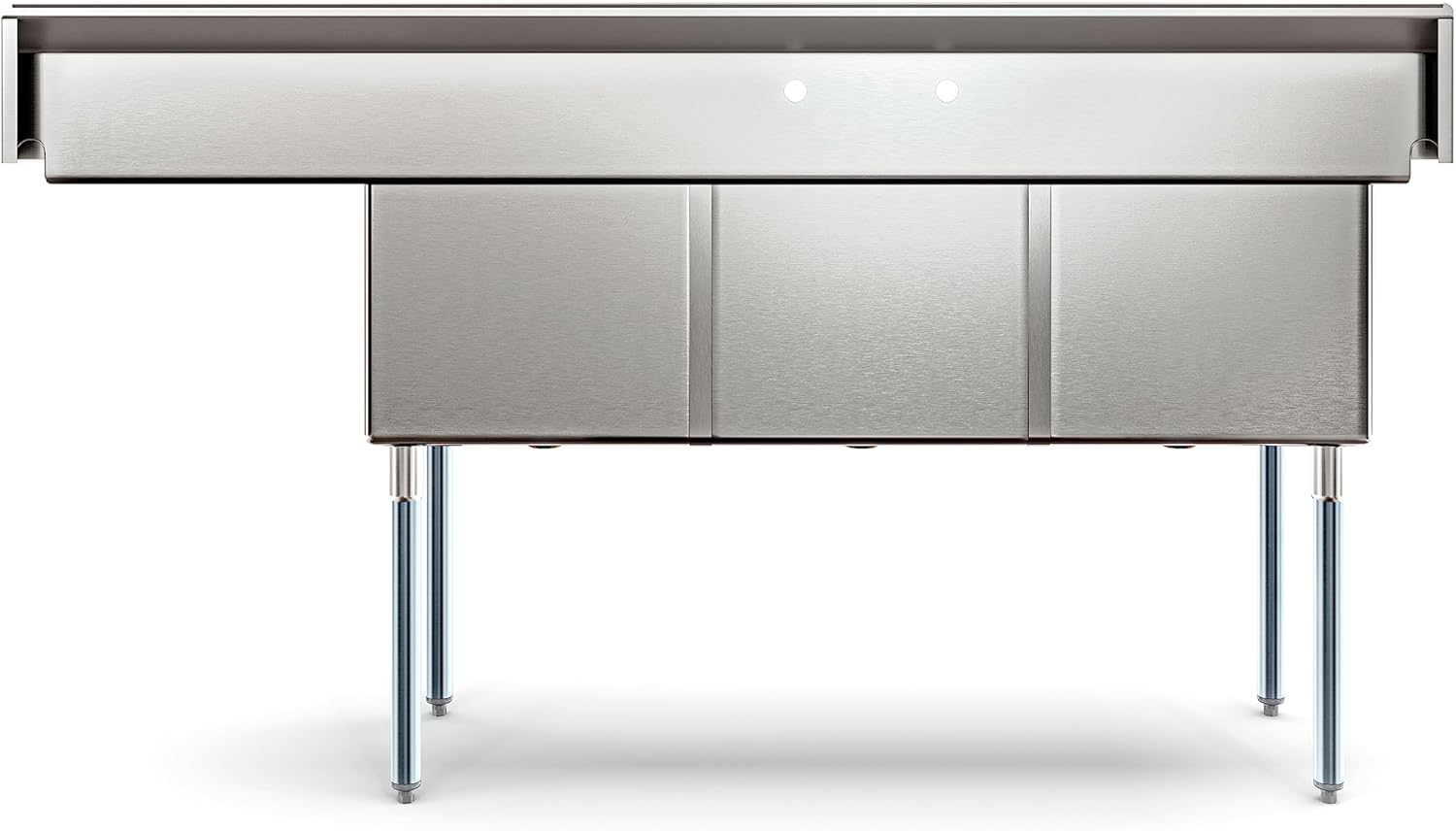 KoolMore 75 in. Three Compartment 18-Gauge Stainless-Steel NSF Commercial Kitchen Sink, Bowl Size 18x18x14, with Three Basins and Pre-Drilled Faucet Holes with a Right Drainboard (KM-SC181814-18R3)