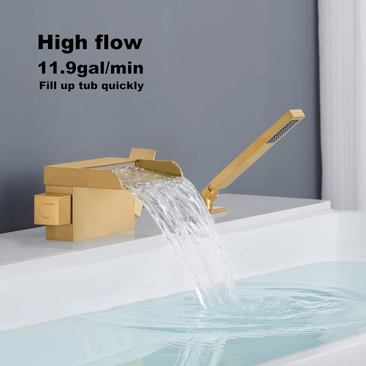 Faucets for Freestanding Tub Bathtub Fillers Brushed Gold Floor Mounted Mount Faucet Filler for Tubs Bathtubs High Flow 11.9GPM with Hand Shower RIGOBAL