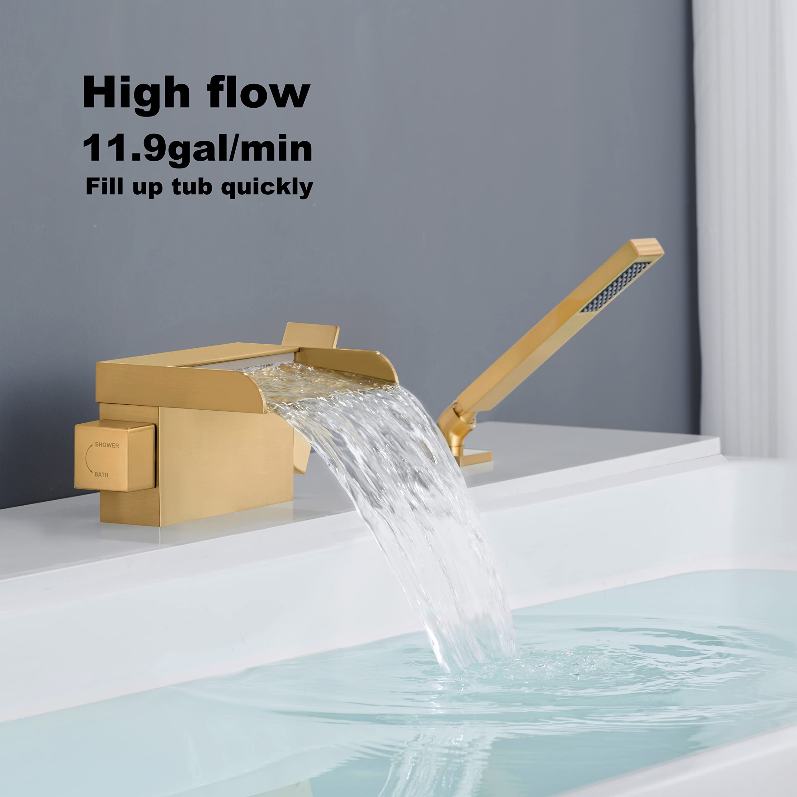 HOIGY Roman Bathtub Faucet Deck Mount 3 Hole, Brass Waterfall Faucet