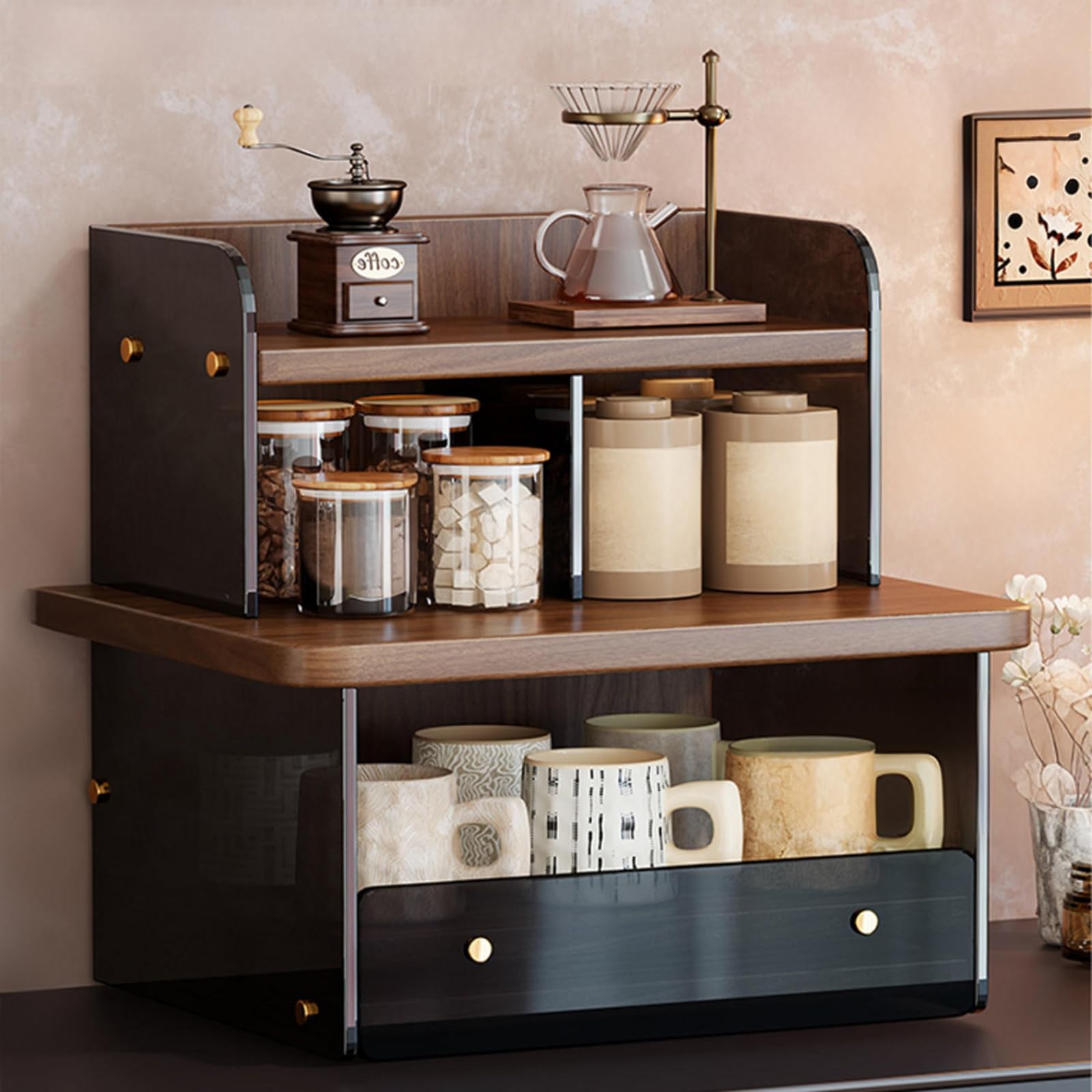 Weyot Acrylic Coffee Cup Display Shelf, Coffee Mug Display Rack, Kitchen Pantry For Spice Seasoning Bottles, Dish, Bowl, Countertop Storage Cabinet With Drawer For Living Room Brown,32x26x35cm