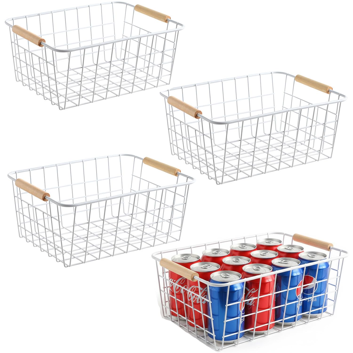 Aeggplant Kitchen Wire Baskets Farmhouse Decor Metal Food Storage Organizer,Household Refrigerator Bin with Built-in Handles for Cabinets, Pantry,Bathroom,Closets,4 Packs (White)