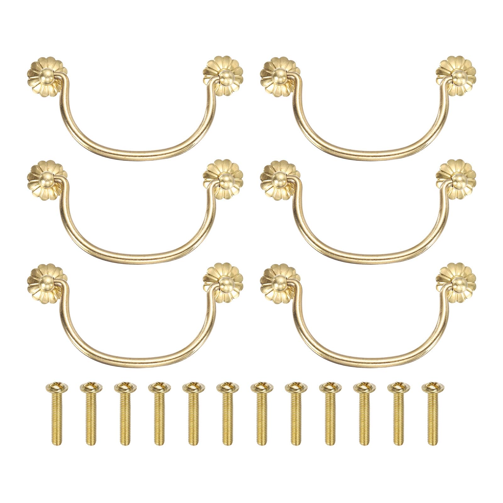 sourcing map 6Pcs 3.94 Inch Brass Drawer Pulls and Knobs with Double Mounting Holes, Vintage Ring Drawer Pulls with Screws Flower Shape for Cabinet Dresser Closet Cupboard, Gold Tone