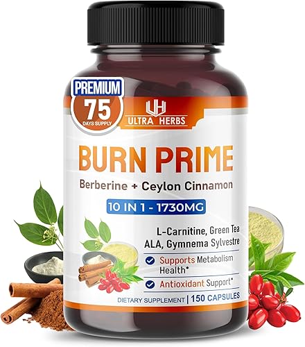 Ultra Burn Prime 1730 mg - 10 en 1 con berberina, canela de Ceilán, L-carnitina, ALA, té verde y gimnasia, apoya el metabolismo, la energía y el