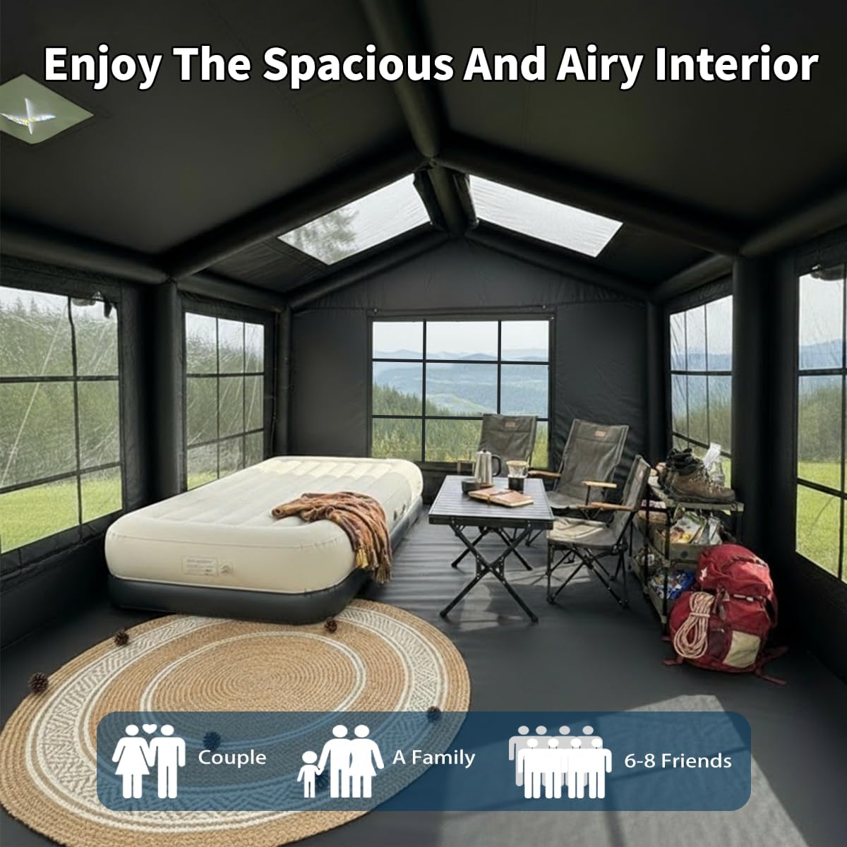 Inflatable Large Tent, Blow Up Tent with Hand Pump Waterproof 4 Season Air Tents Luxury Black Oxford Cabin Glamping House Easy Setup Outdoor Family Hot Tents for Camping 4-8 Person
