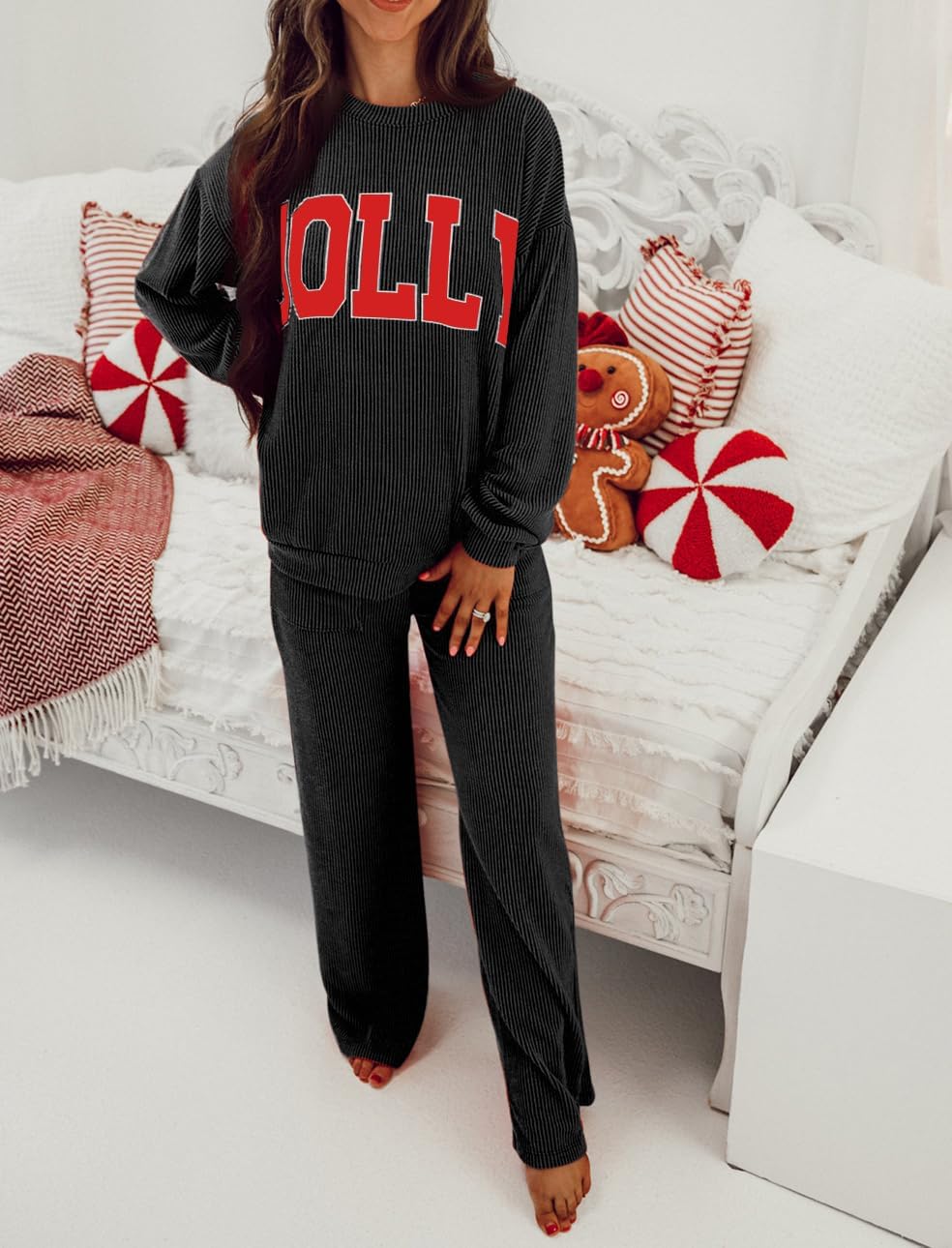 Women‘s 2 Piece Outfit Christmas Ribbed Knit Long Sleeve Letter JOLLY Top and Pockets Pants Set Matching Loungewear - Image 2